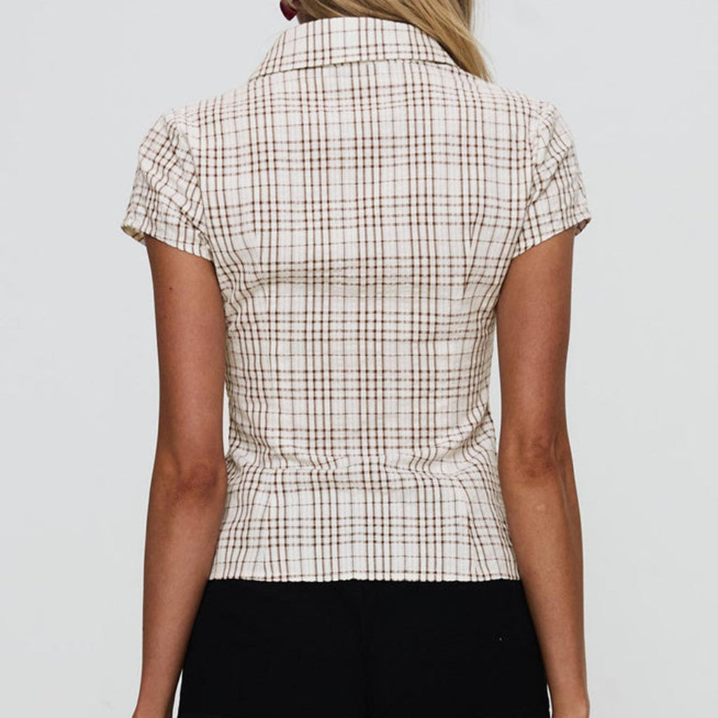 Women Y2k Short Sleeve Button Up Shirt Lapel Collar V Neck Plaid Open Front Blouse Basic Casual Going Out T-Shirt