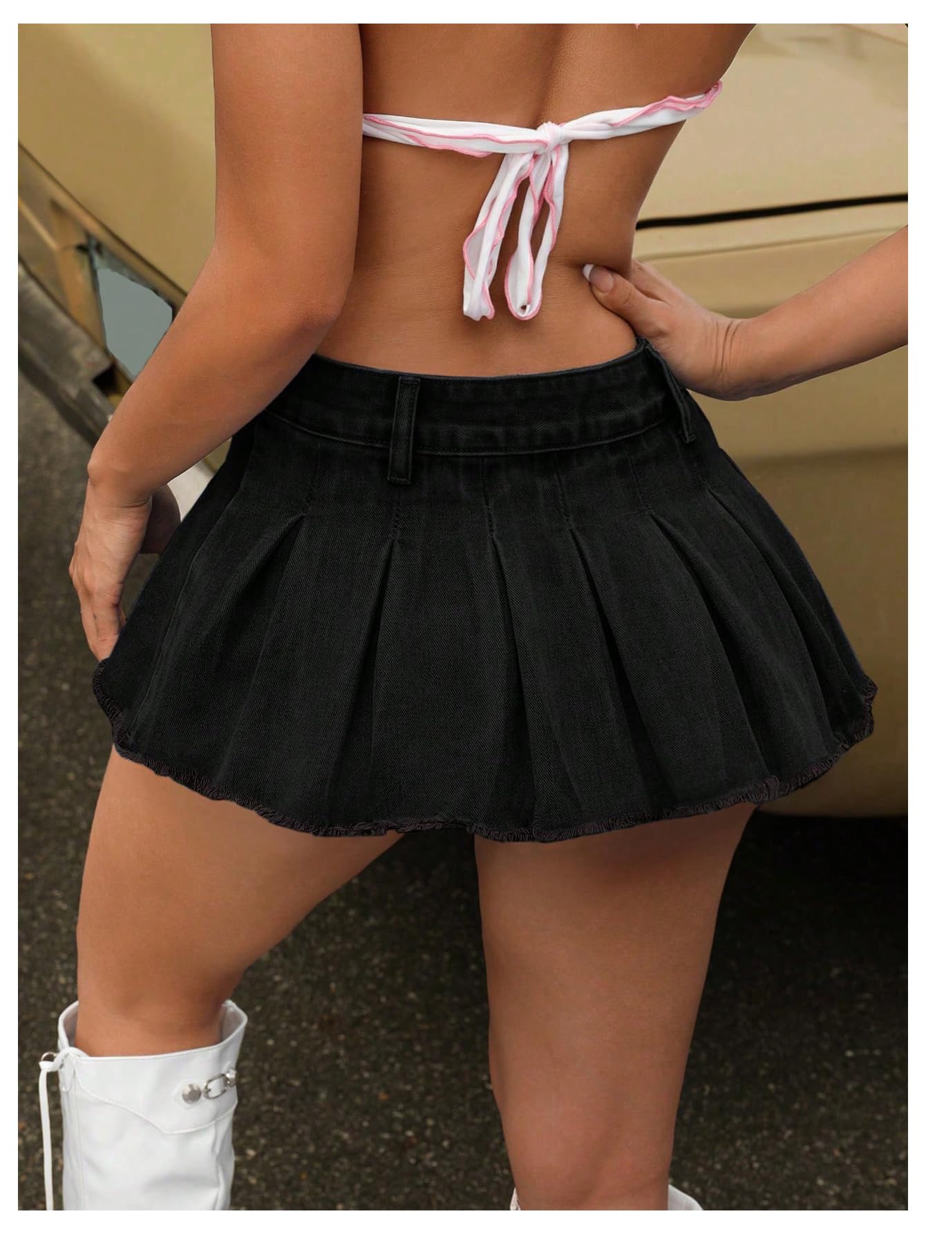 Women's Y2K Low Waist Pleated Denim Skirt Zipper Raw Hem Mini Skirt Casual Ruffle Jean Skirt