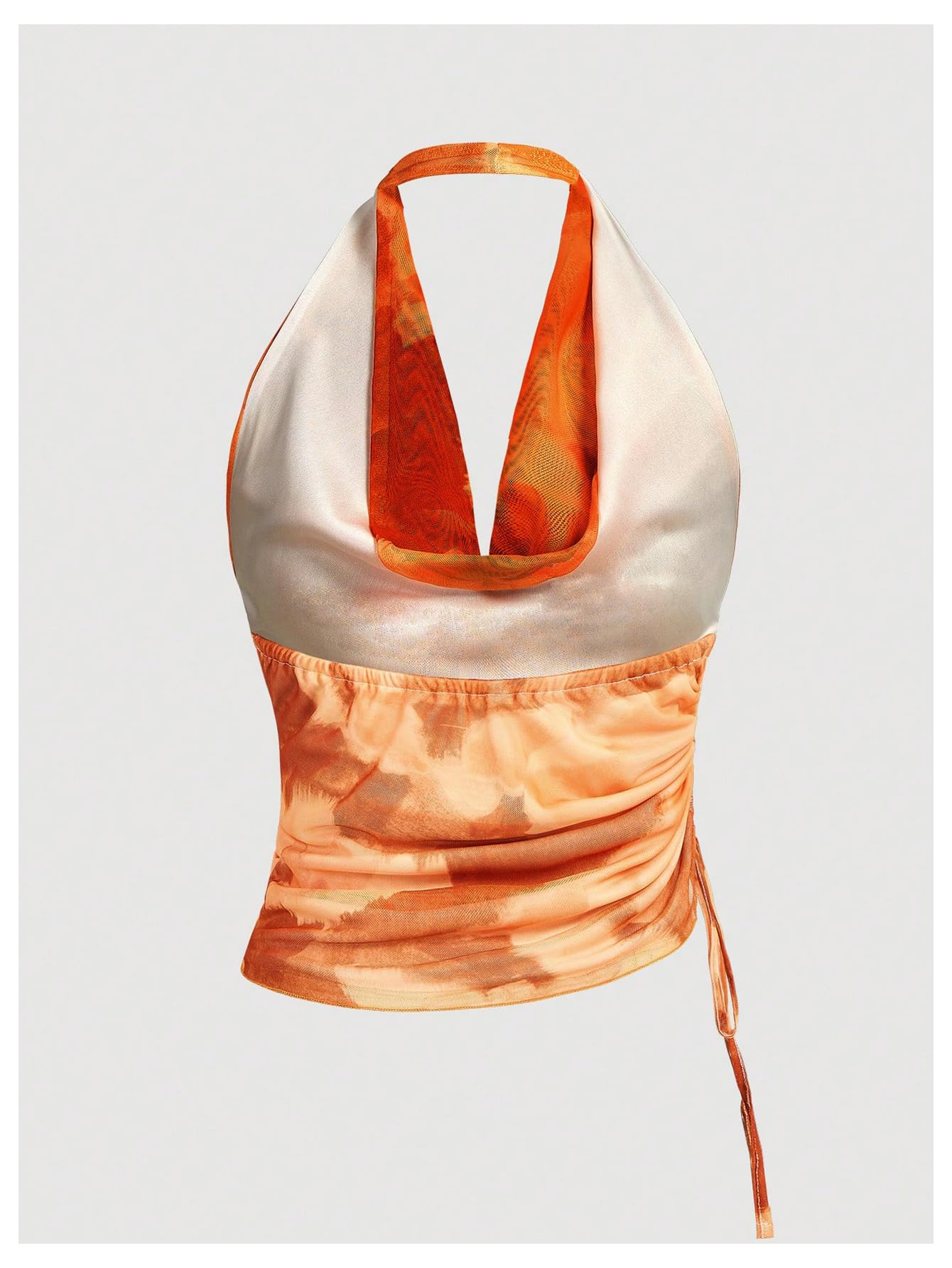 SHENHE Women's Tie Dye Halter Neck Draped Front Ruched Drawstring Backless Crop Top