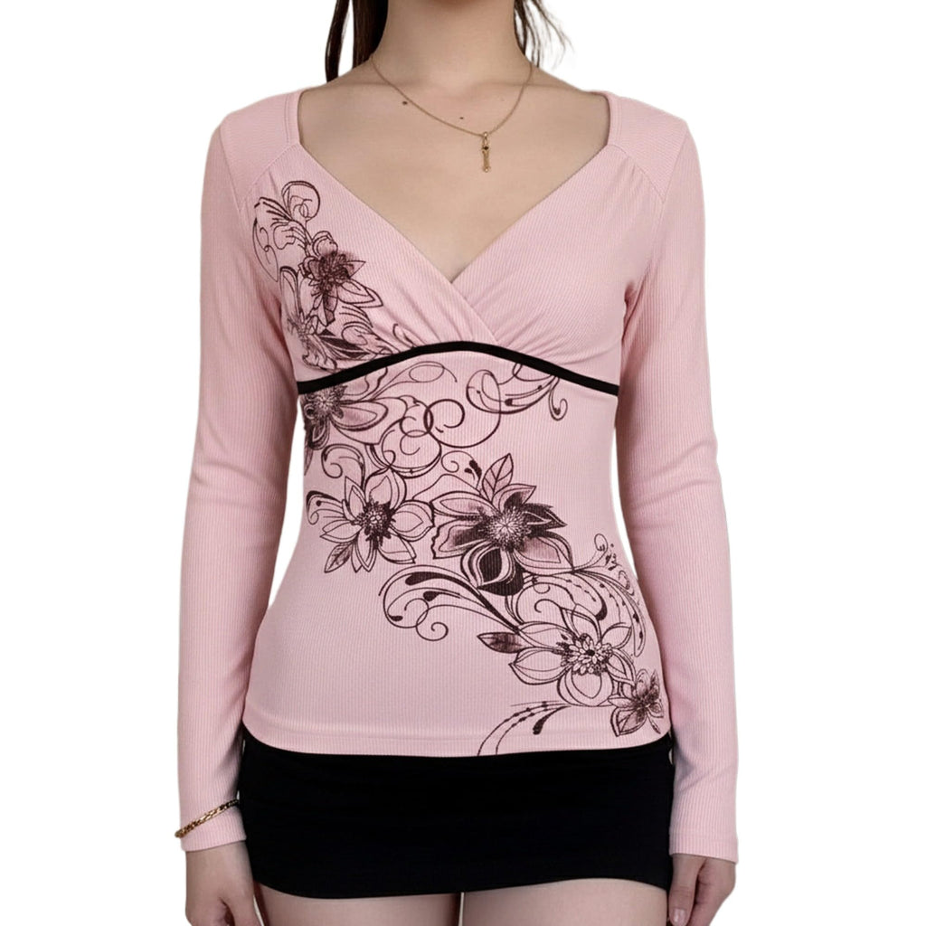 Y2k V Neck Floral Tops Women Fairy Grunge Vintage Long Sleeve Top 2000s Emo Graphic Cute Teen Girls Clothe