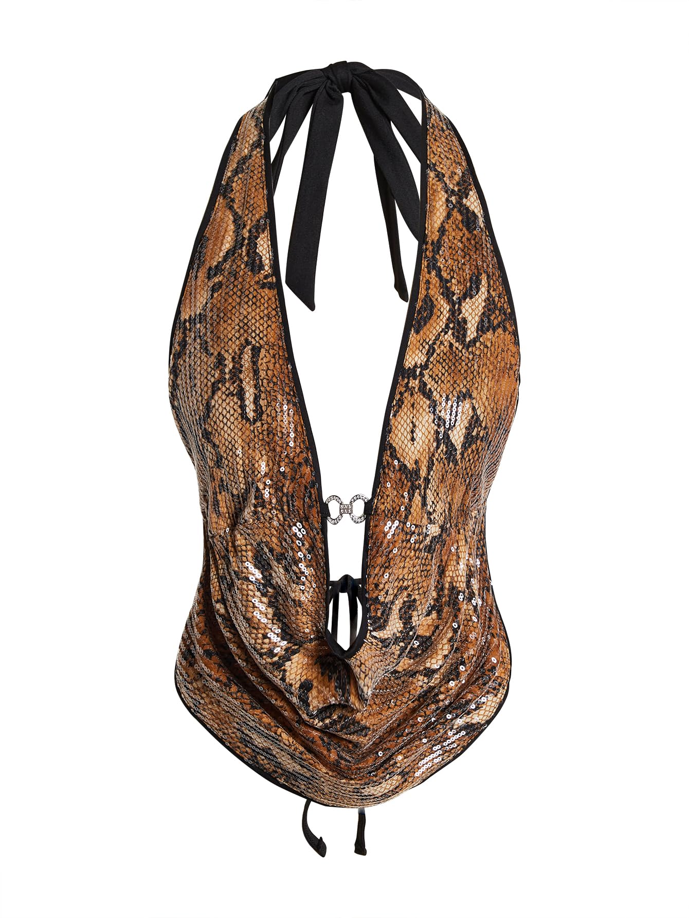 Verdusa Women's Cheetah Print Sequin Top Y2K Tie Back Corset Halter Going Out Crop Tops