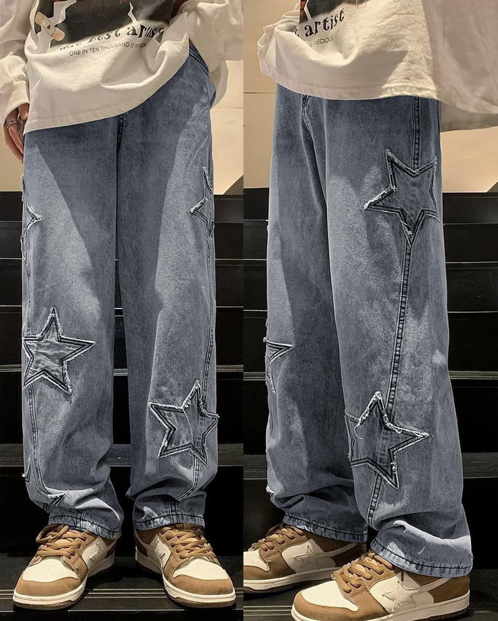 Mens Y2k Star Jeans High Waisted Hip Hop Streetwear Jeans Loose Baggy Embroidery Aesthetic Harajuku Denim Pants