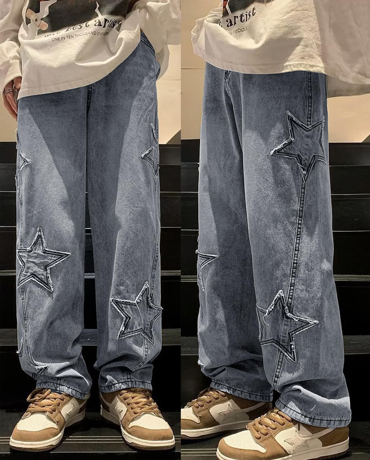 Mens Y2k Star Jeans High Waisted Hip Hop Streetwear Jeans Loose Baggy Embroidery Aesthetic Harajuku Denim Pants