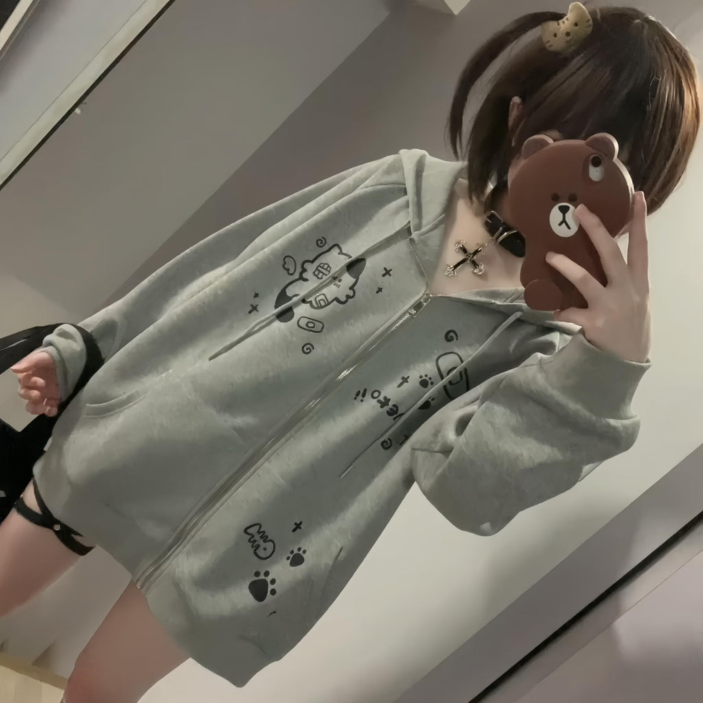 Womens Y2K Zip Up Cute Graphic Hoodies Cat Ears Casual Cartoon Harajuku Kawaii Clothes Oversize Streetwear Jacket