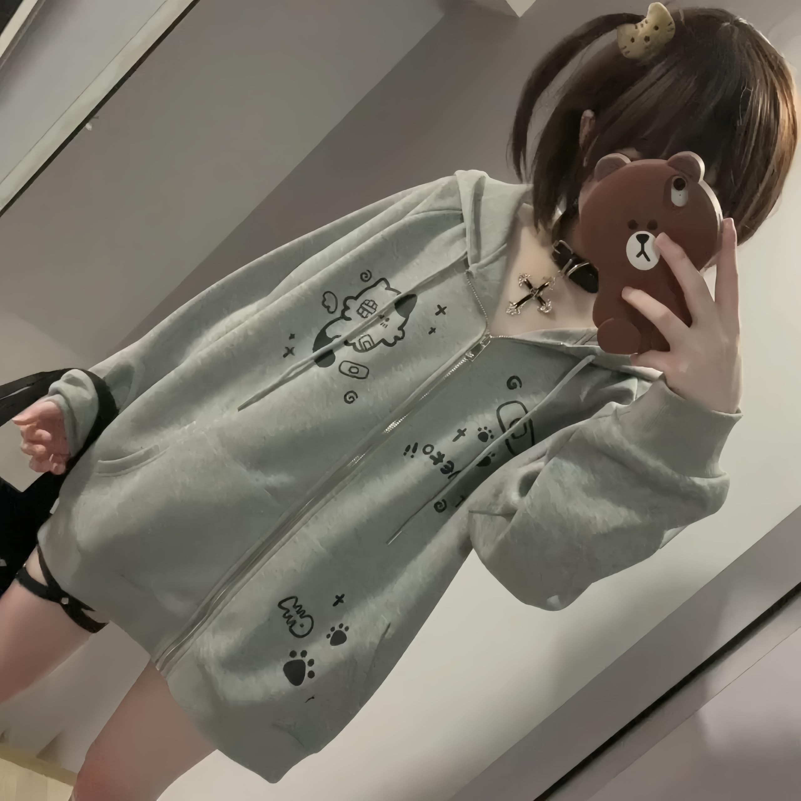 Womens Y2K Zip Up Cute Graphic Hoodies Cat Ears Casual Cartoon Harajuku Kawaii Clothes Oversize Streetwear Jacket