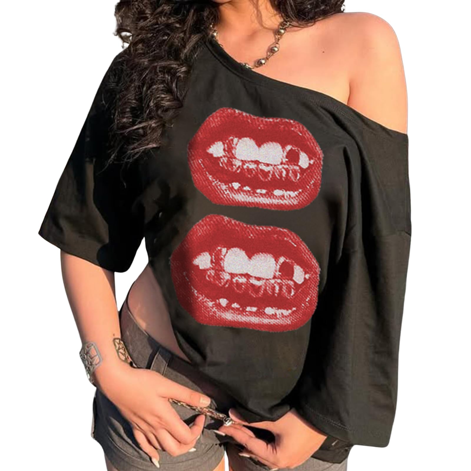 Off The Shoulder Cute Shirts for Women Oversized Tshirt Y2k Graphic Tee Lips Print Baggy Shirts Vintage Tops