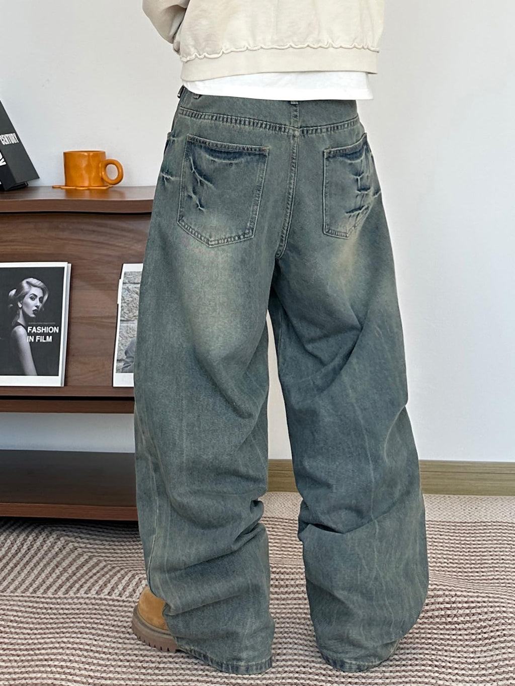Mens Streetwear Hip Hop Baggy Jeans Wide Leg Skater Denim Pants Loose Long Trousers