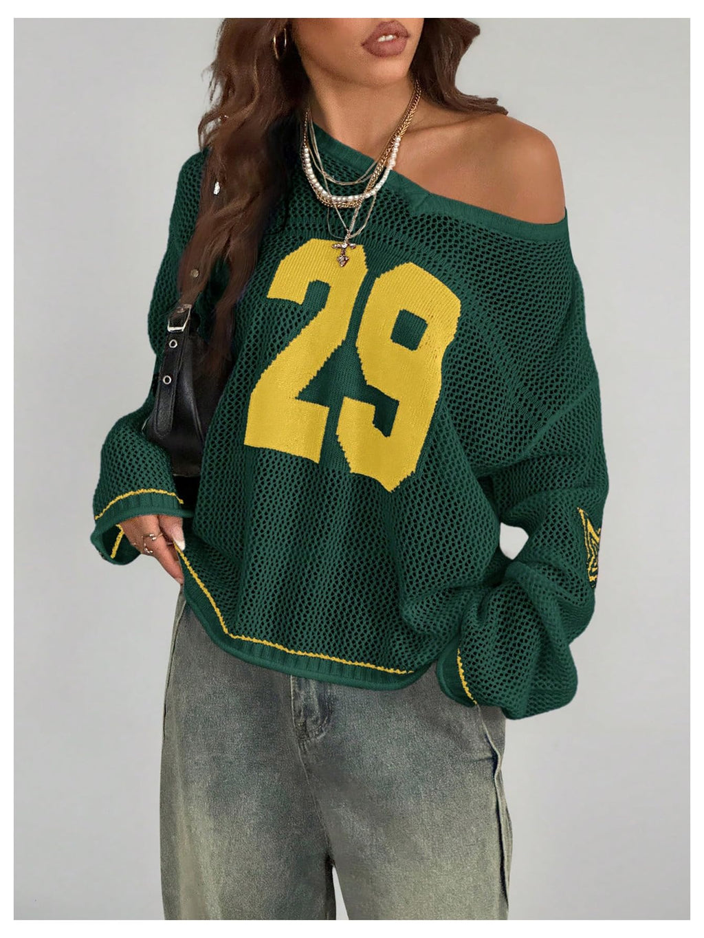Verdusa Women's Y2k Tops Jersey Shirts Oversized Crochet Graphic Going Out Tops V Neck Pullover Sweater Streetwear