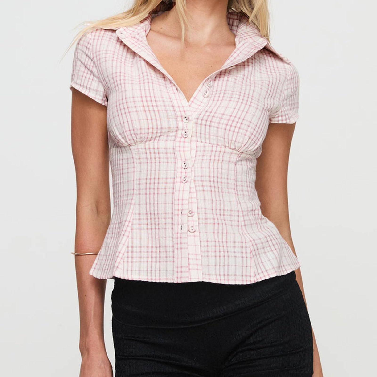 Women Y2k Short Sleeve Button Up Shirt Lapel Collar V Neck Plaid Open Front Blouse Basic Casual Going Out T-Shirt