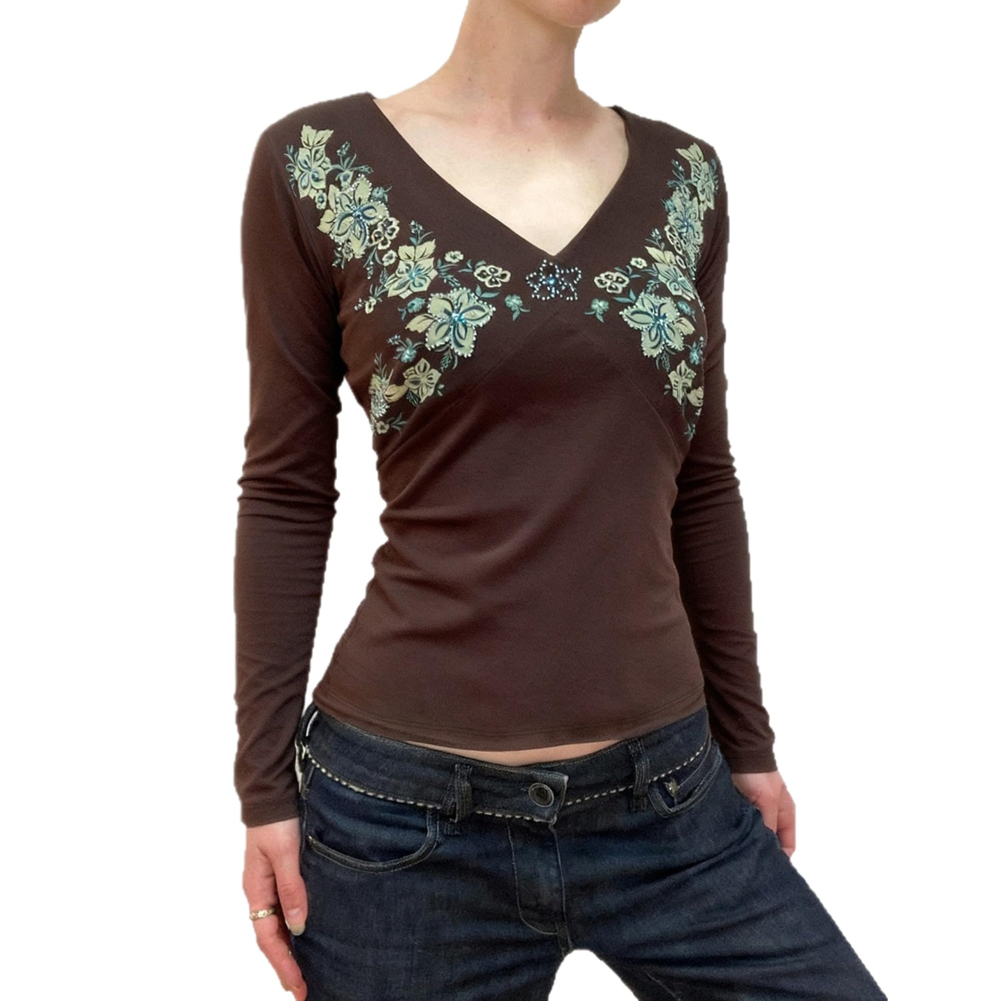 Y2k V Neck Floral Tops Women Fairy Grunge Vintage Long Sleeve Top 2000s Emo Graphic Cute Teen Girls Clothe
