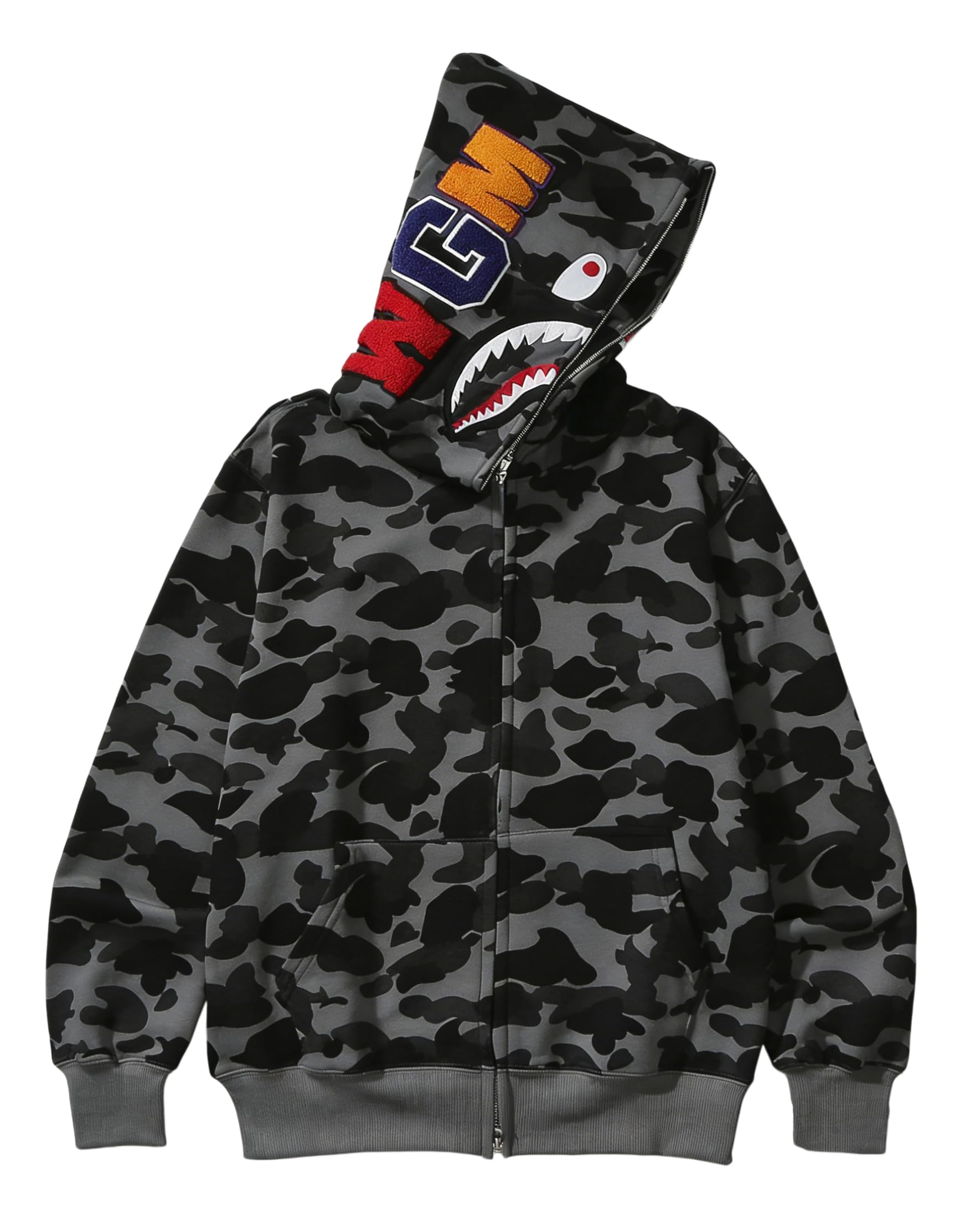 Unisex Camouflage Hoodie with Shark Embroidery, Full Zip, Lightweight Couple sweatshirts heavyweight hoodie