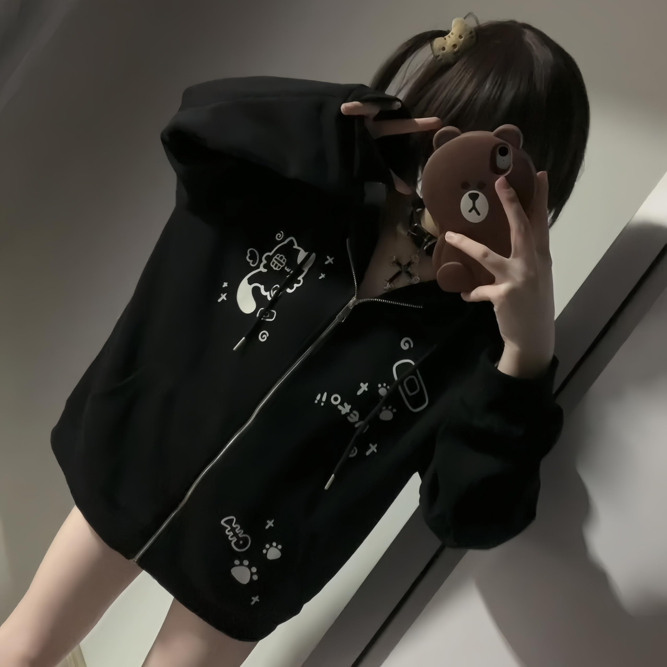 Womens Y2K Zip Up Cute Graphic Hoodies Cat Ears Casual Cartoon Harajuku Kawaii Clothes Oversize Streetwear Jacket