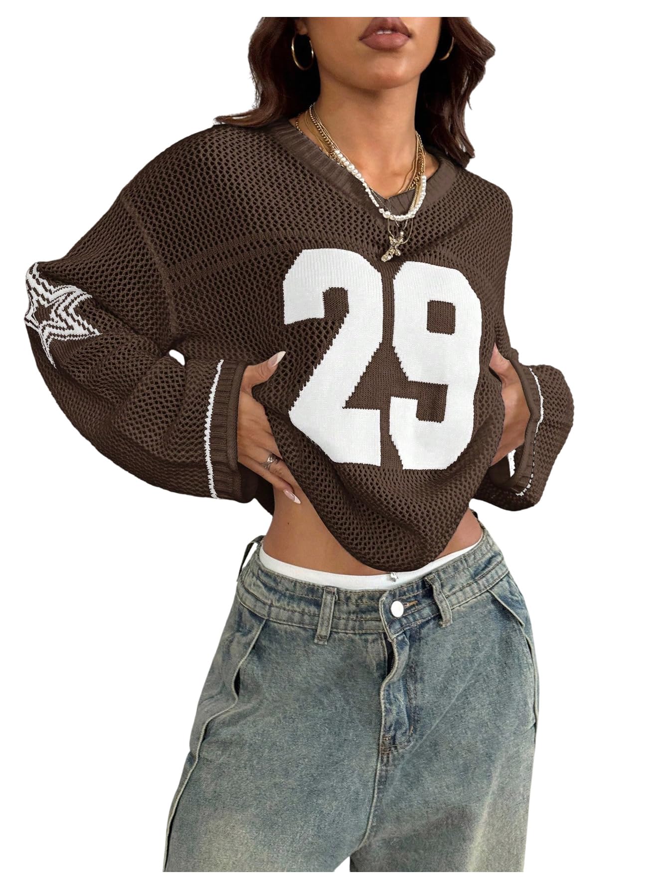 Verdusa Women's Y2k Tops Jersey Shirts Oversized Crochet Graphic Going Out Tops V Neck Pullover Sweater Streetwear
