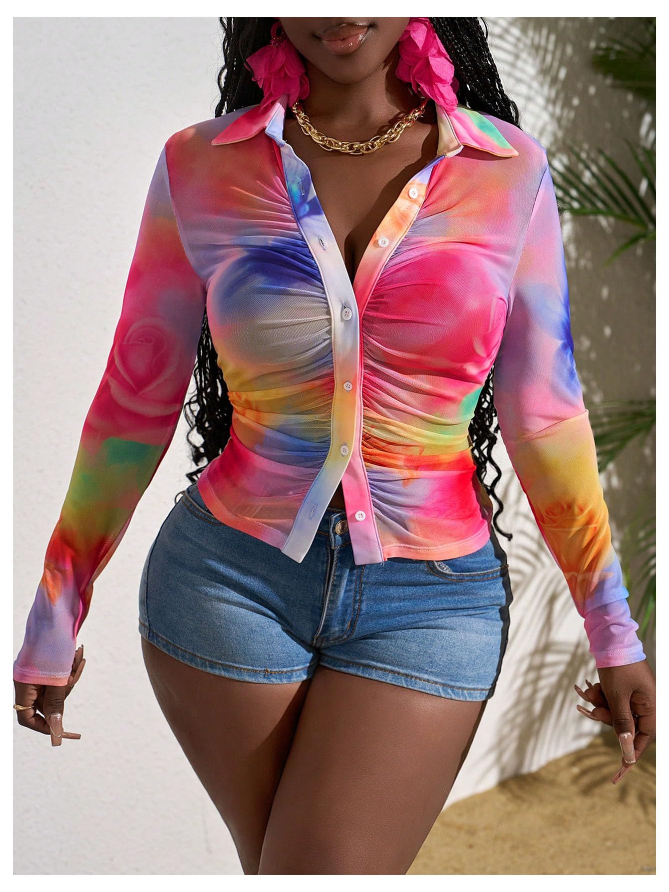SOLY HUX Women's Y2k Tie Dye Tops Button Down Long Sleeve Fitted Crop Shirts Blouse Street Music Festival Clothes