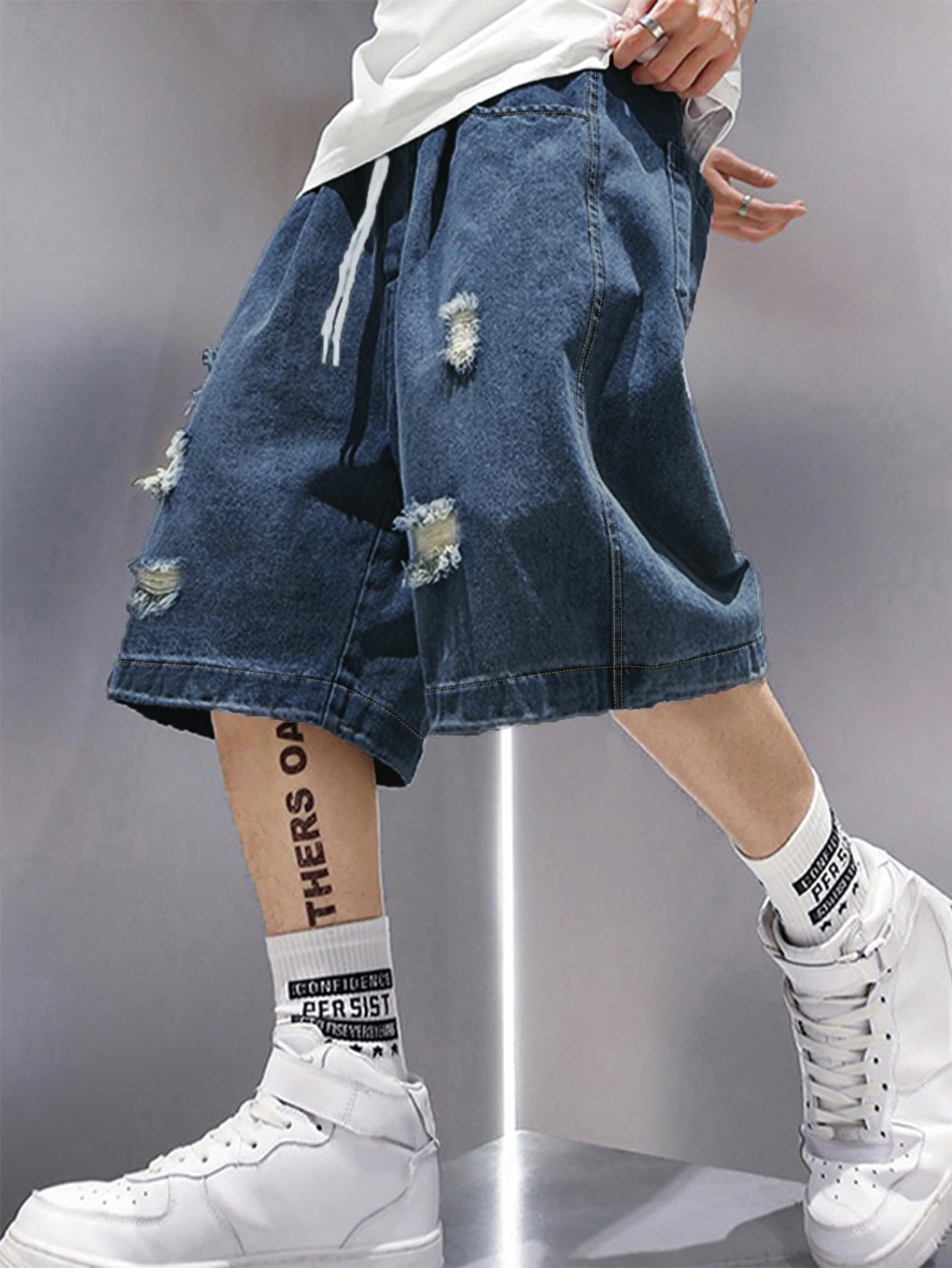 EMMIOL Baggy Jean Shorts Men, Y2k Jorts Cargo Ripped Elastic Waist, Mens Denim Shorts Comfy Casual Streetwear Summer