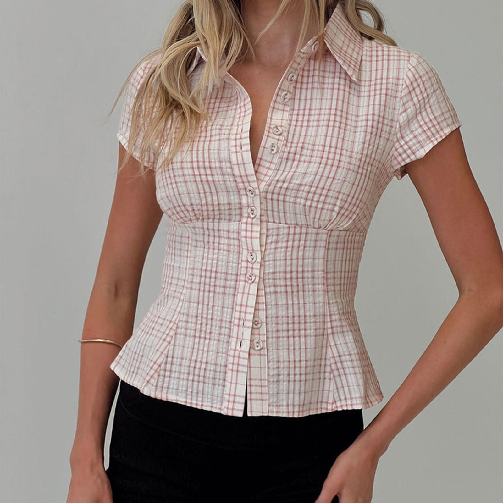 Women Y2k Short Sleeve Button Up Shirt Lapel Collar V Neck Plaid Open Front Blouse Basic Casual Going Out T-Shirt