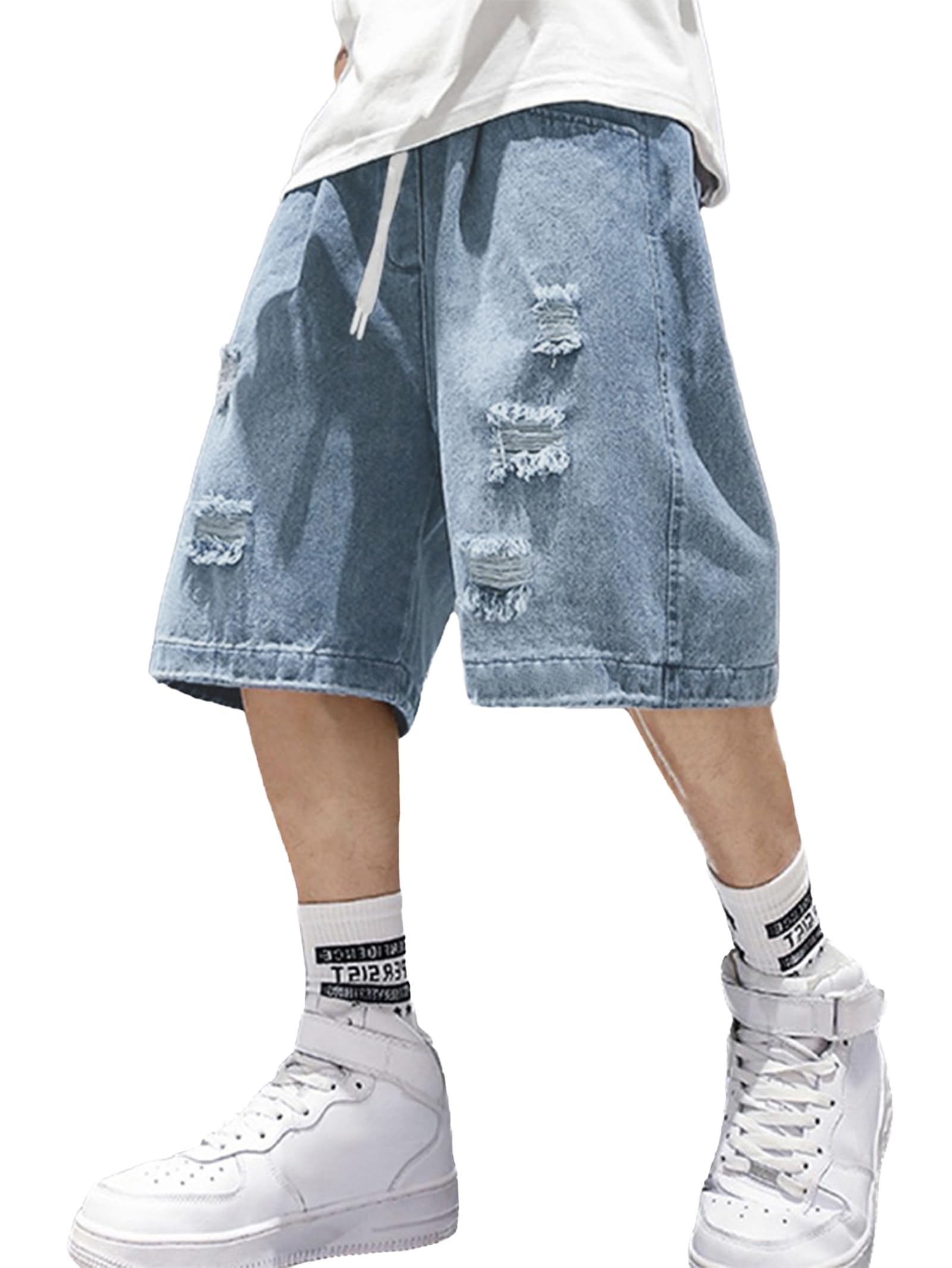 EMMIOL Baggy Jean Shorts Men, Y2k Jorts Cargo Ripped Elastic Waist, Mens Denim Shorts Comfy Casual Streetwear Summer