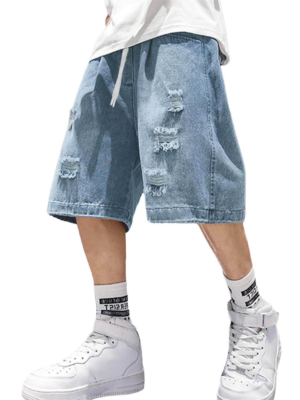 EMMIOL Baggy Jean Shorts Men, Y2k Jorts Cargo Ripped Elastic Waist, Mens Denim Shorts Comfy Casual Streetwear Summer