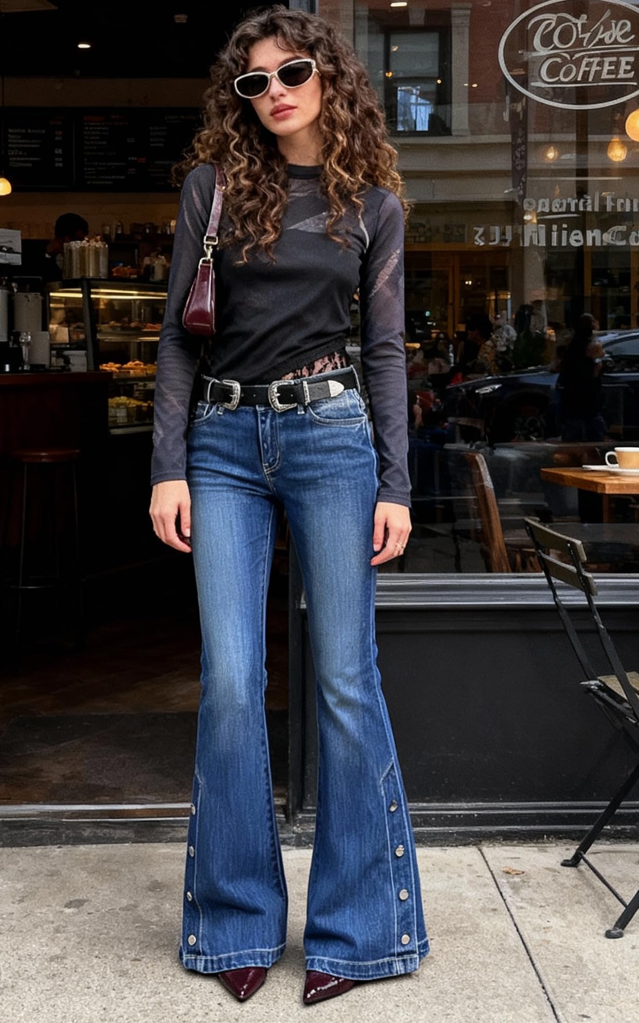 Women Bell Bottom Jeans Stretchy Flare Mid Rise Embroidery Vintage Denim Pants 90s Outfits Y2k Clothes