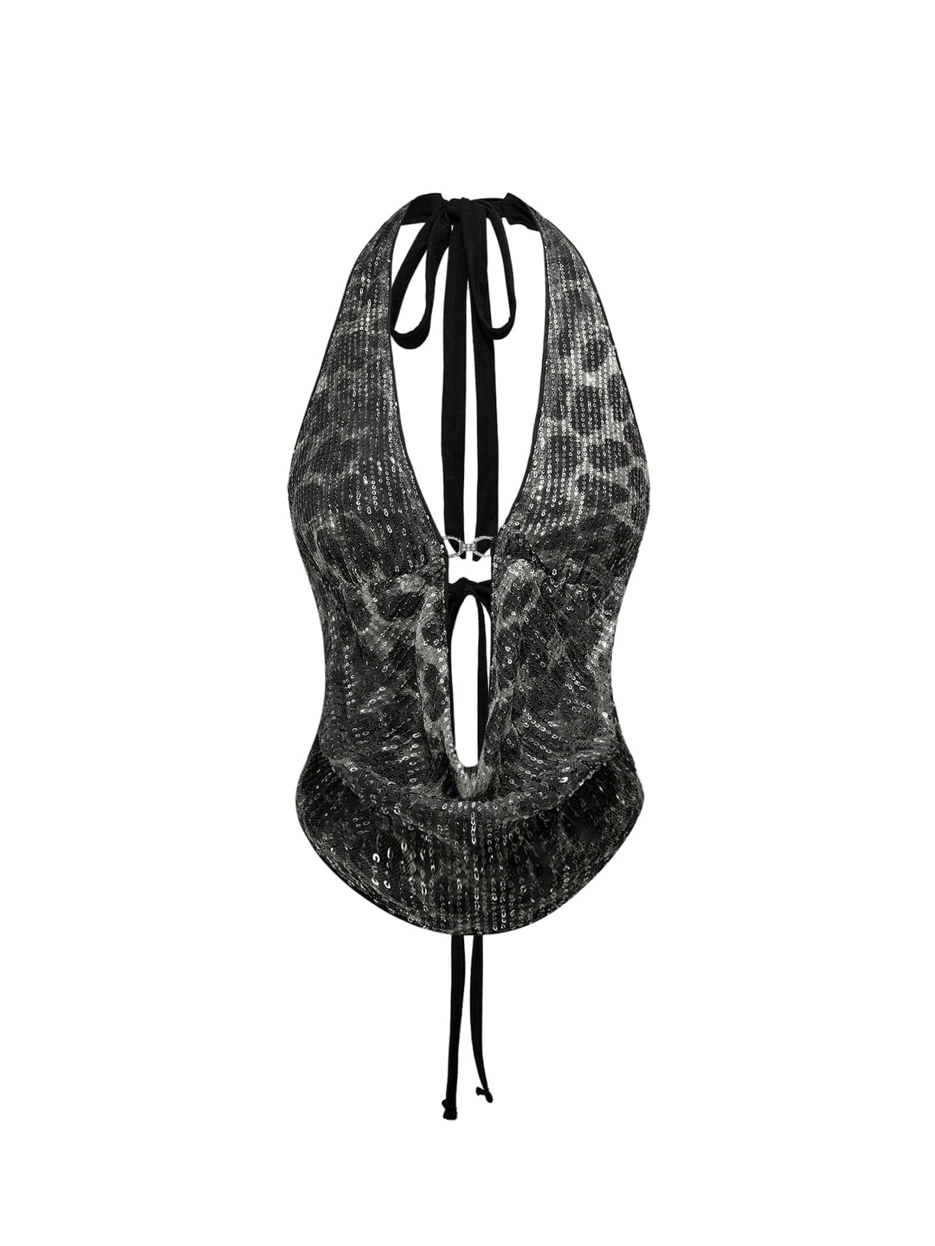 Verdusa Women's Cheetah Print Sequin Top Y2K Tie Back Corset Halter Going Out Crop Tops