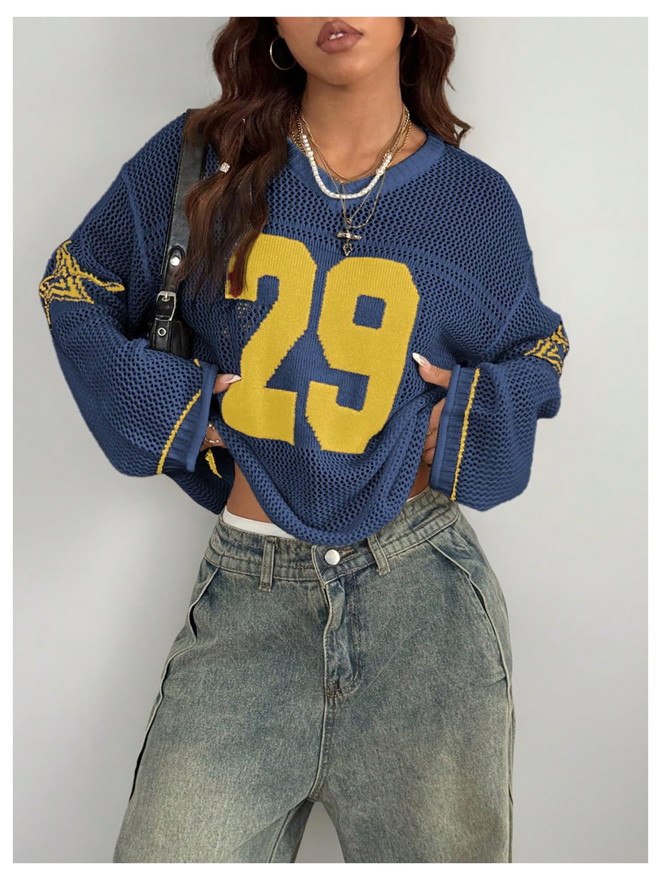 Verdusa Women's Y2k Tops Jersey Shirts Oversized Crochet Graphic Going Out Tops V Neck Pullover Sweater Streetwear