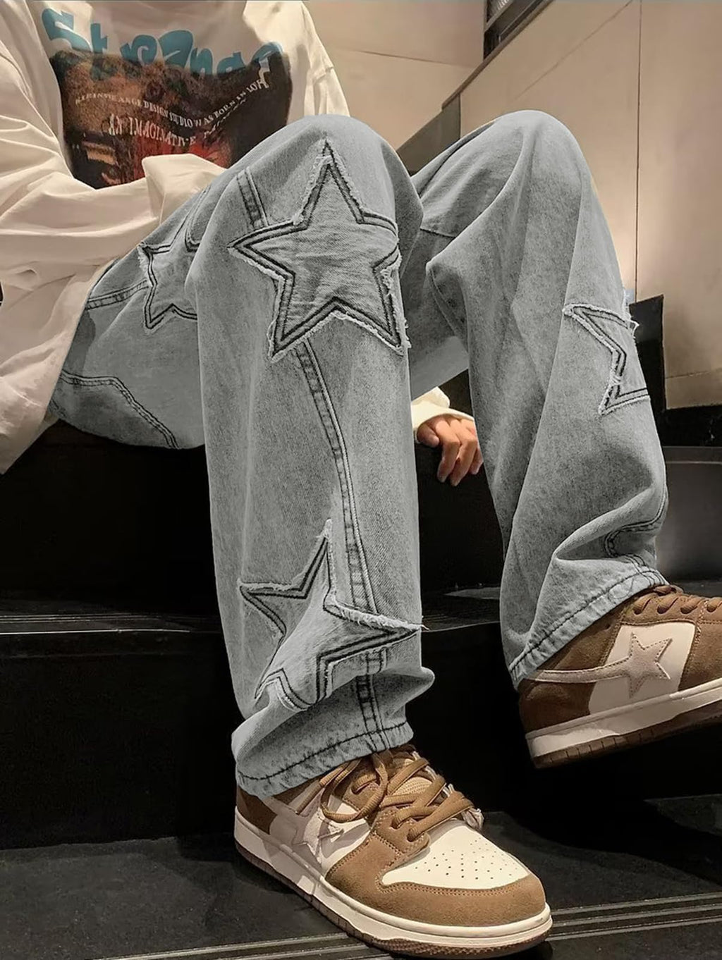 Mens Y2k Star Jeans High Waisted Hip Hop Streetwear Jeans Loose Baggy Embroidery Aesthetic Harajuku Denim Pants