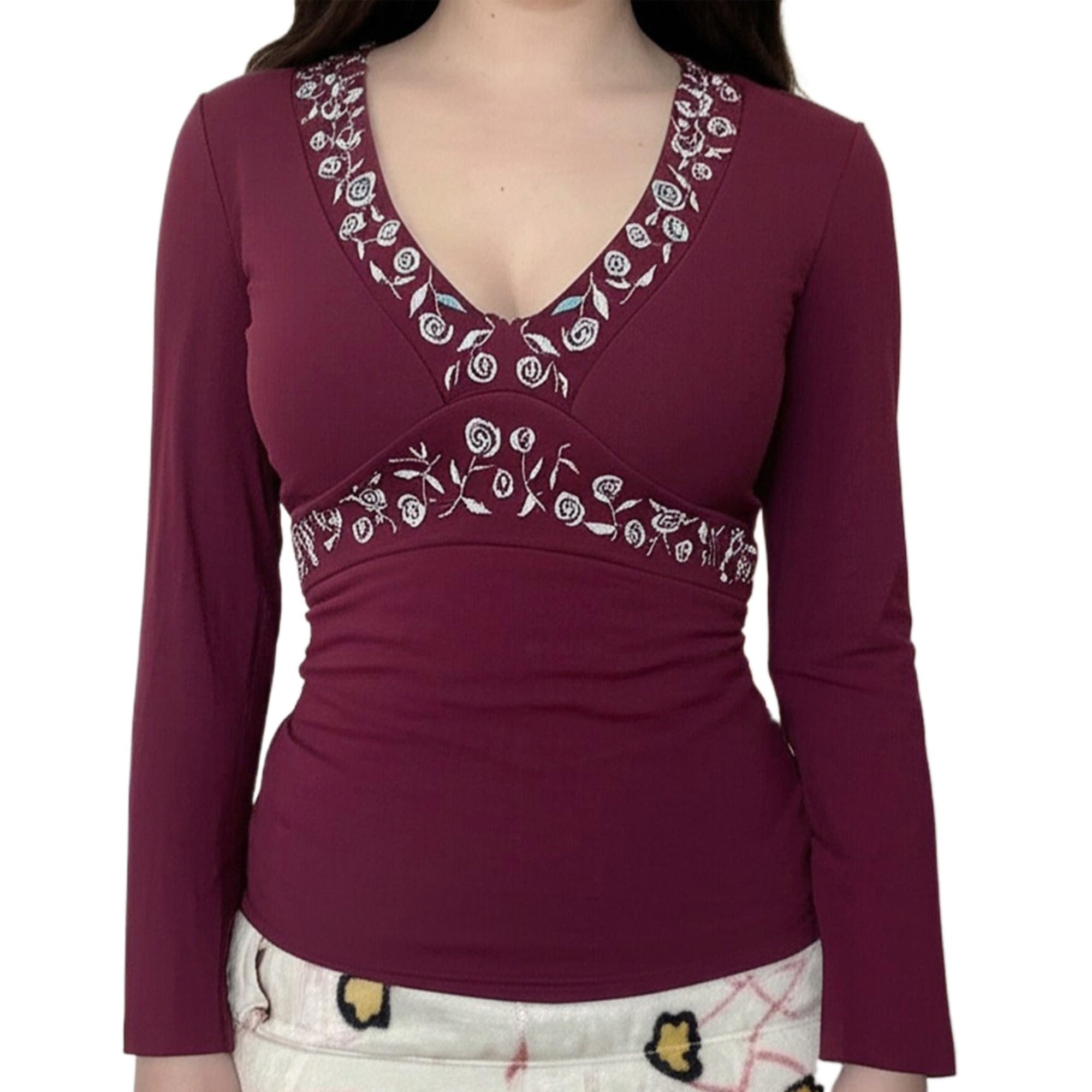 Y2k V Neck Floral Tops Women Fairy Grunge Vintage Long Sleeve Top 2000s Emo Graphic Cute Teen Girls Clothe