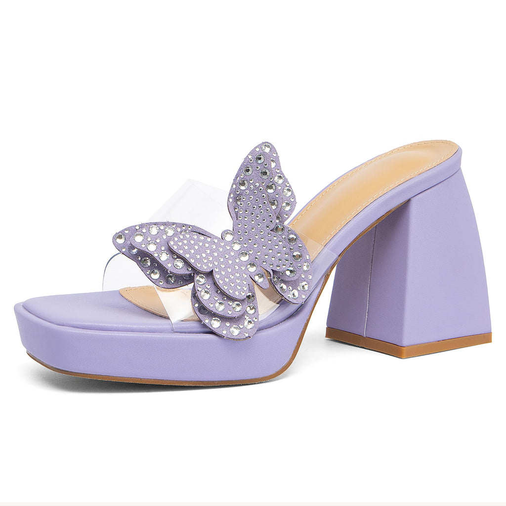 NEWBELLA Butterfly Rhinestone Platform Heels - Transparent Chunky High Heels Sandals for Women, Perfect for Prom and Dressy Occasions-Y2K Fairy Style