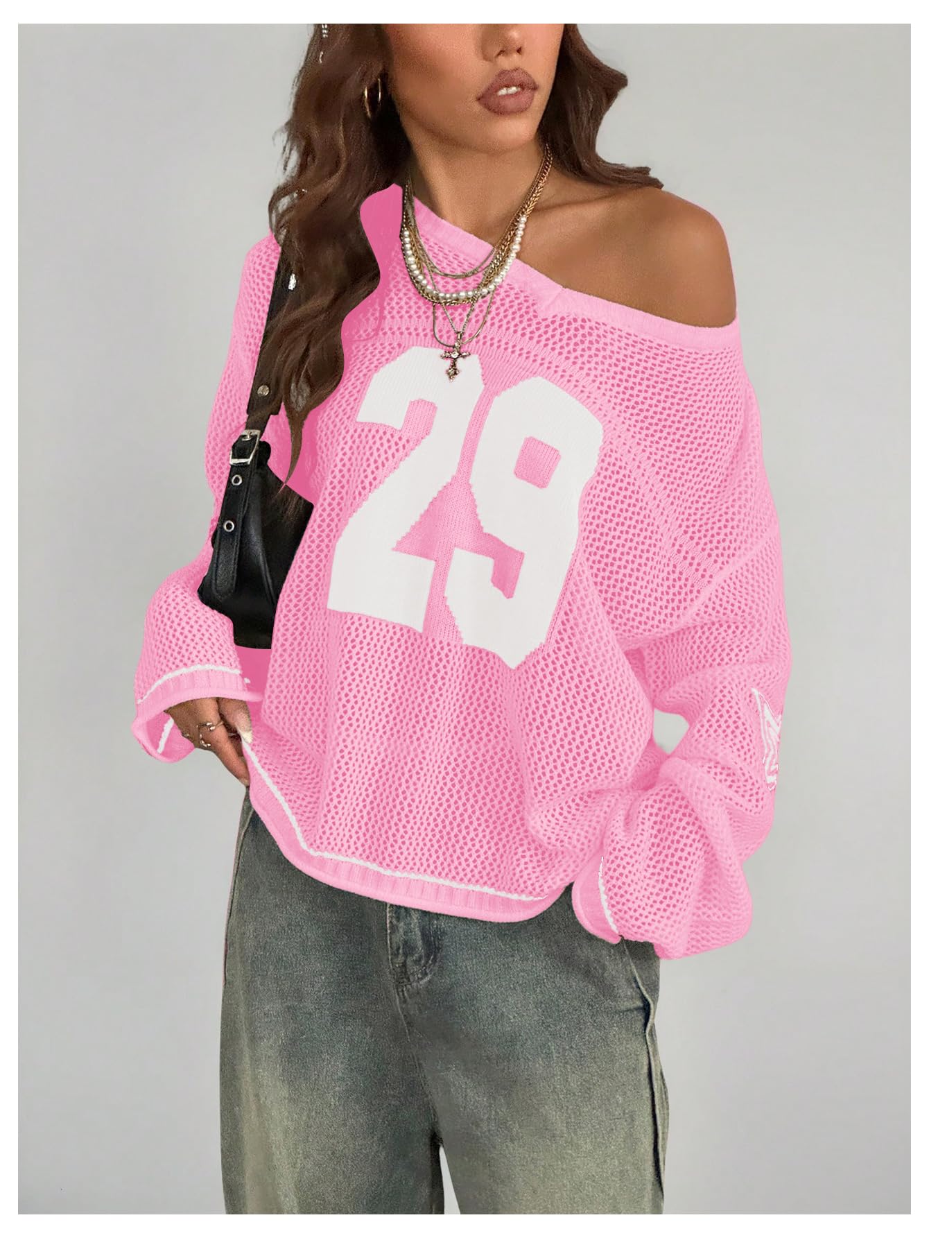 Verdusa Women's Y2k Tops Jersey Shirts Oversized Crochet Graphic Going Out Tops V Neck Pullover Sweater Streetwear