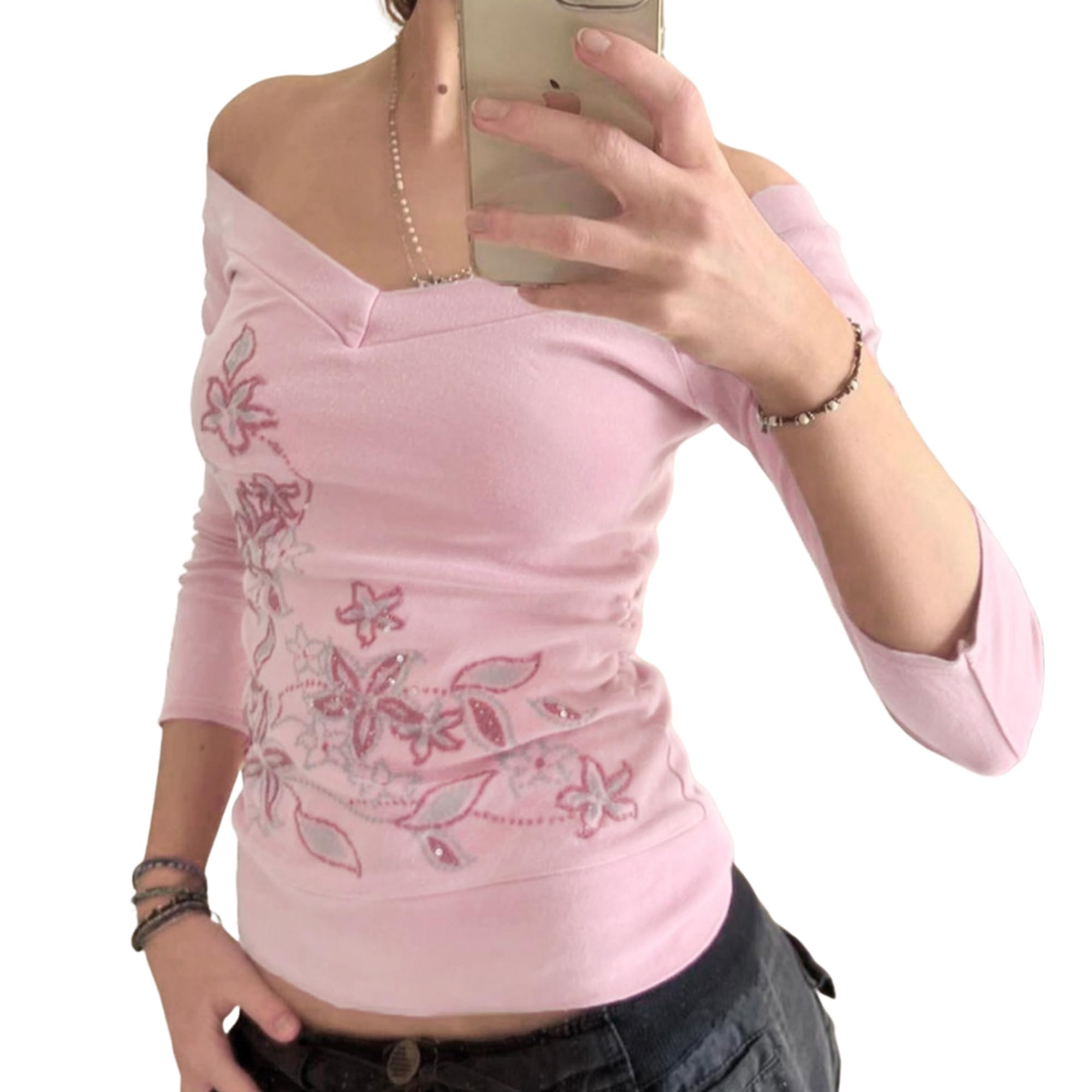 Y2k V Neck Floral Tops Women Fairy Grunge Vintage Long Sleeve Top 2000s Emo Graphic Cute Teen Girls Clothe