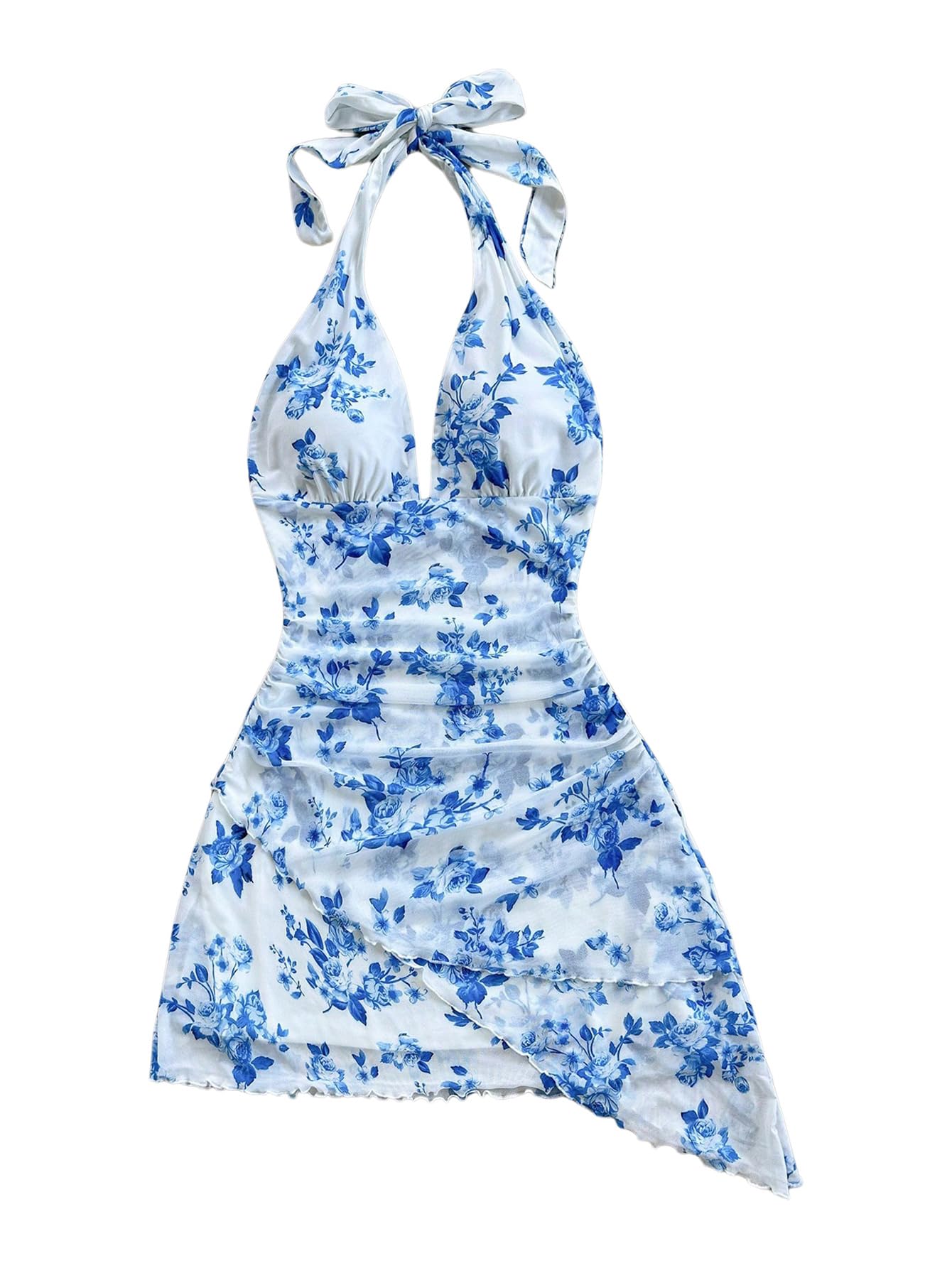 SOLY HUX Women's Y2K Summer Tie Dye Floral Print Halter Sexy Mini Dress Retro Backless Bodycon Birthday Dresses