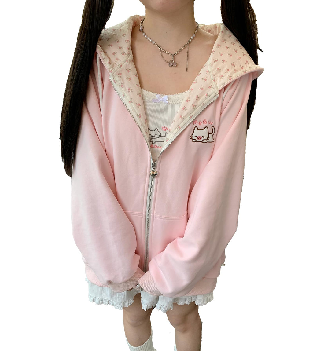 Womens Y2K Zip Up Cute Graphic Hoodies Cat Ears Casual Cartoon Harajuku Kawaii Clothes Oversize Streetwear Jacket