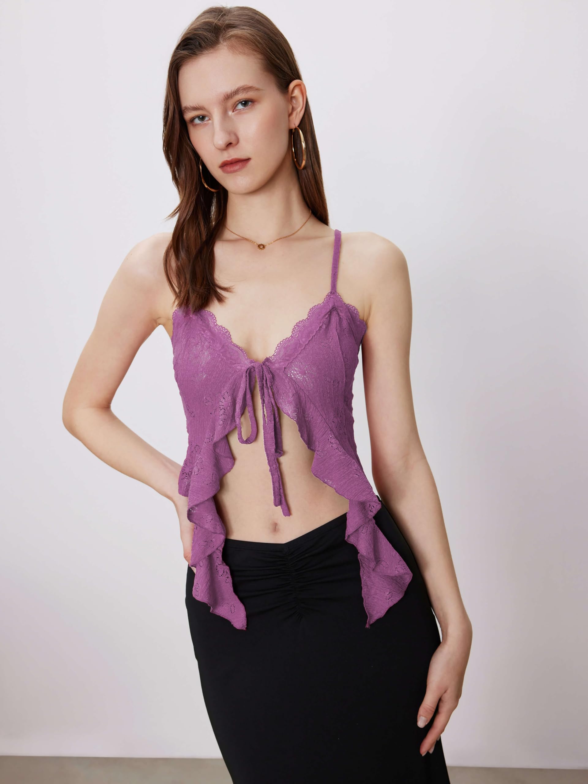 CIDER Going Out Tops for Women Y2K Tie Front Asymmetrical Ruffle Hem Lace Spaghetti Strap Cowgirl Crop Tops