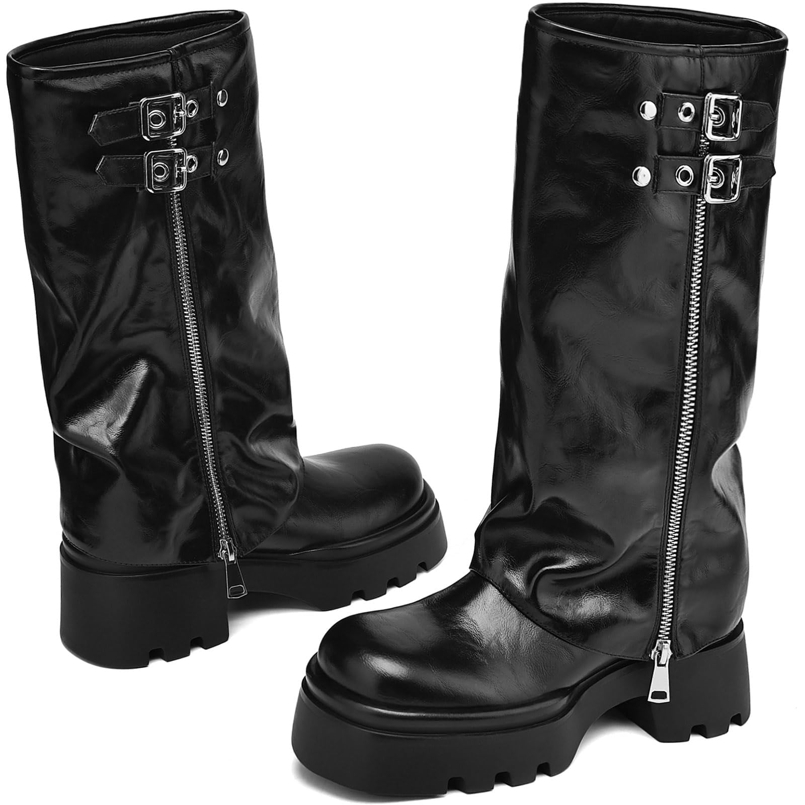 Women's Knee High Boots Buckle Moto Biker Boots for Women Platform Fold Over Tall Boots Chunky Low Heel Wide Calf Boots