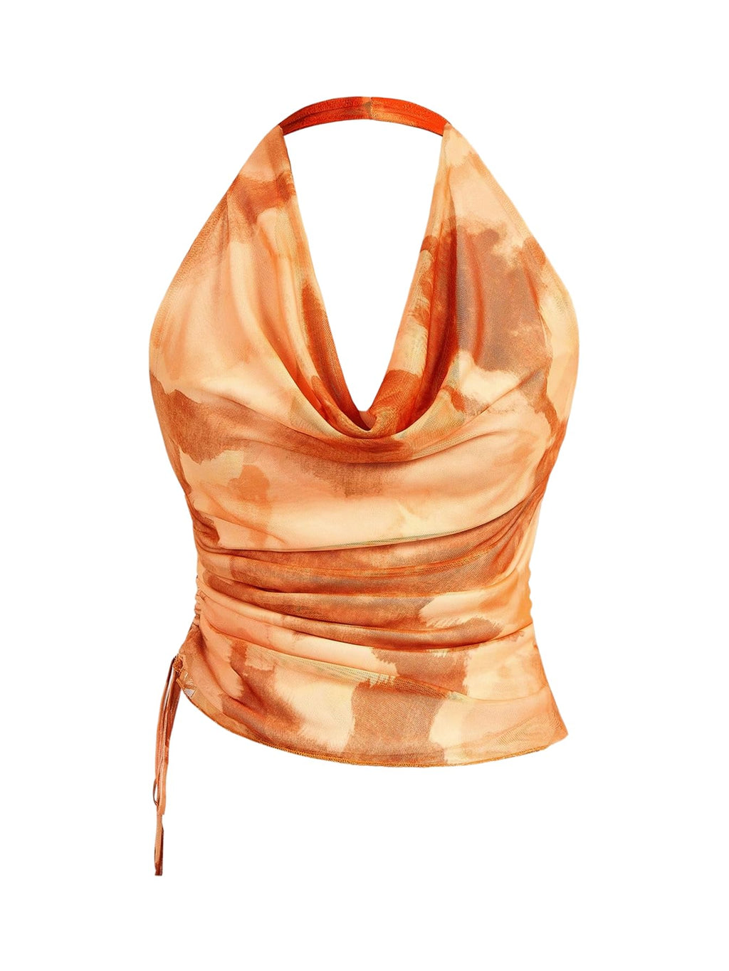 SHENHE Women's Tie Dye Halter Neck Draped Front Ruched Drawstring Backless Crop Top