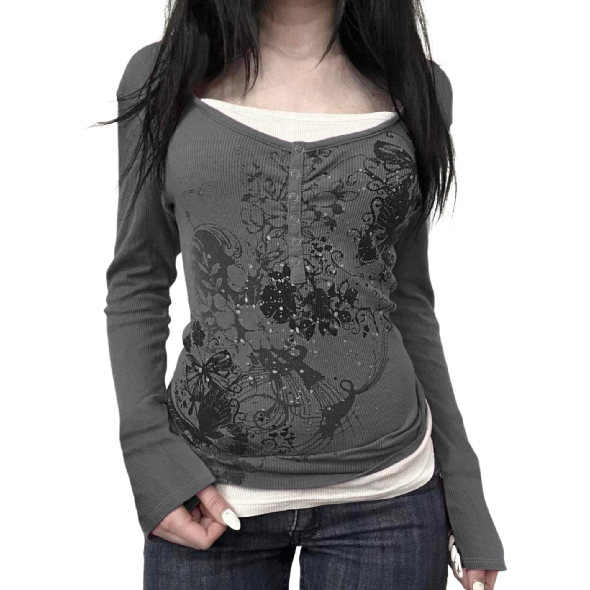 Y2k V Neck Floral Tops Women Fairy Grunge Vintage Long Sleeve Top 2000s Emo Graphic Cute Teen Girls Clothe