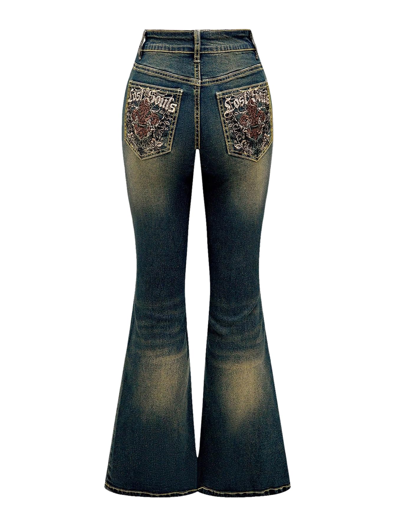 MakeMeChic Women's Flared Jeans Bell Bottom Jeans Embroidered Y2K High Waist Stretchy Denim Pants