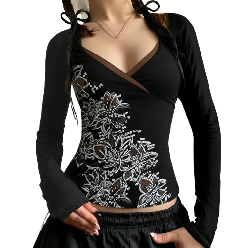 Y2k V Neck Floral Tops Women Fairy Grunge Vintage Long Sleeve Top 2000s Emo Graphic Cute Teen Girls Clothe