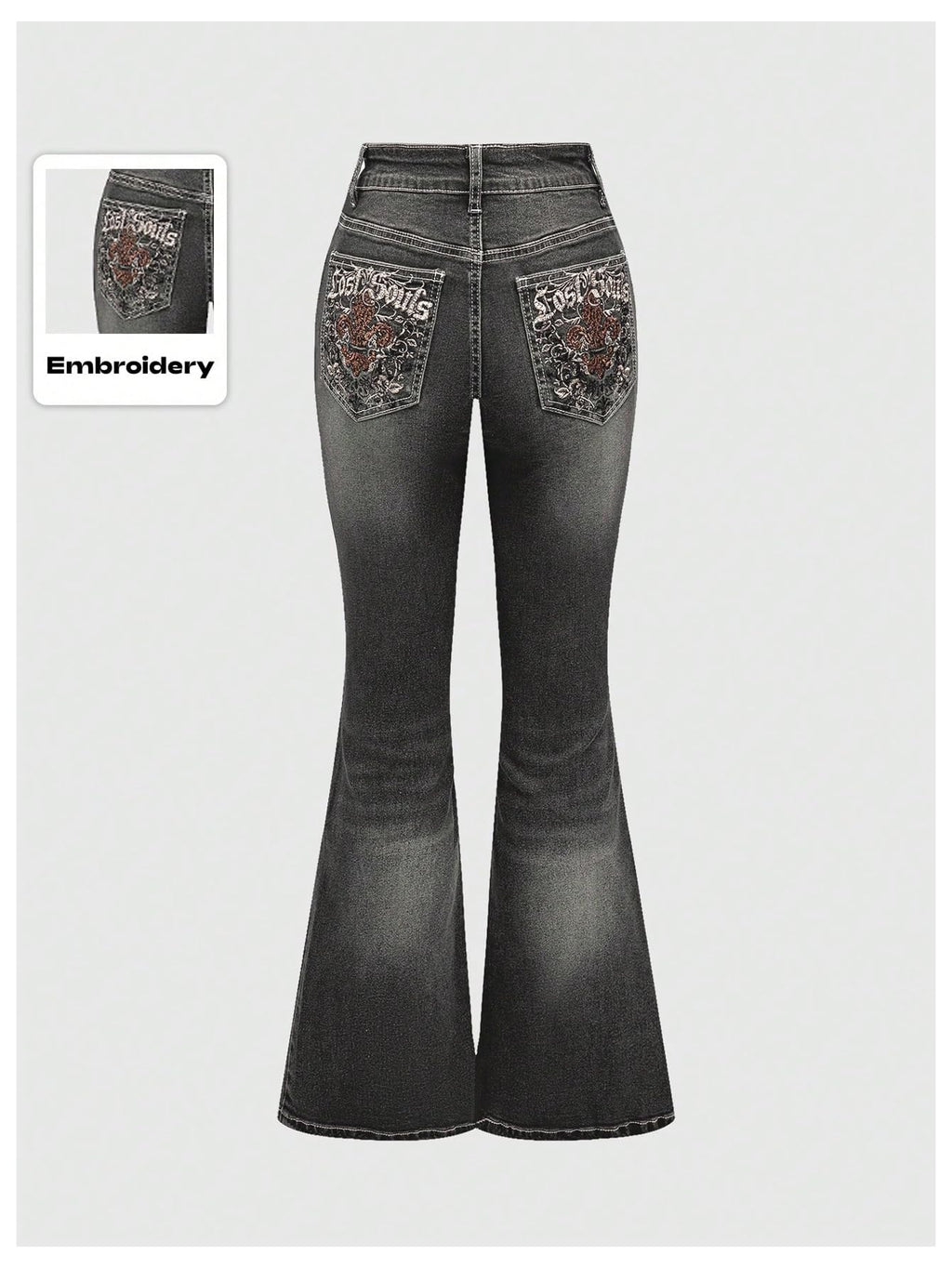 MakeMeChic Women's Flared Jeans Bell Bottom Jeans Embroidered Y2K High Waist Stretchy Denim Pants