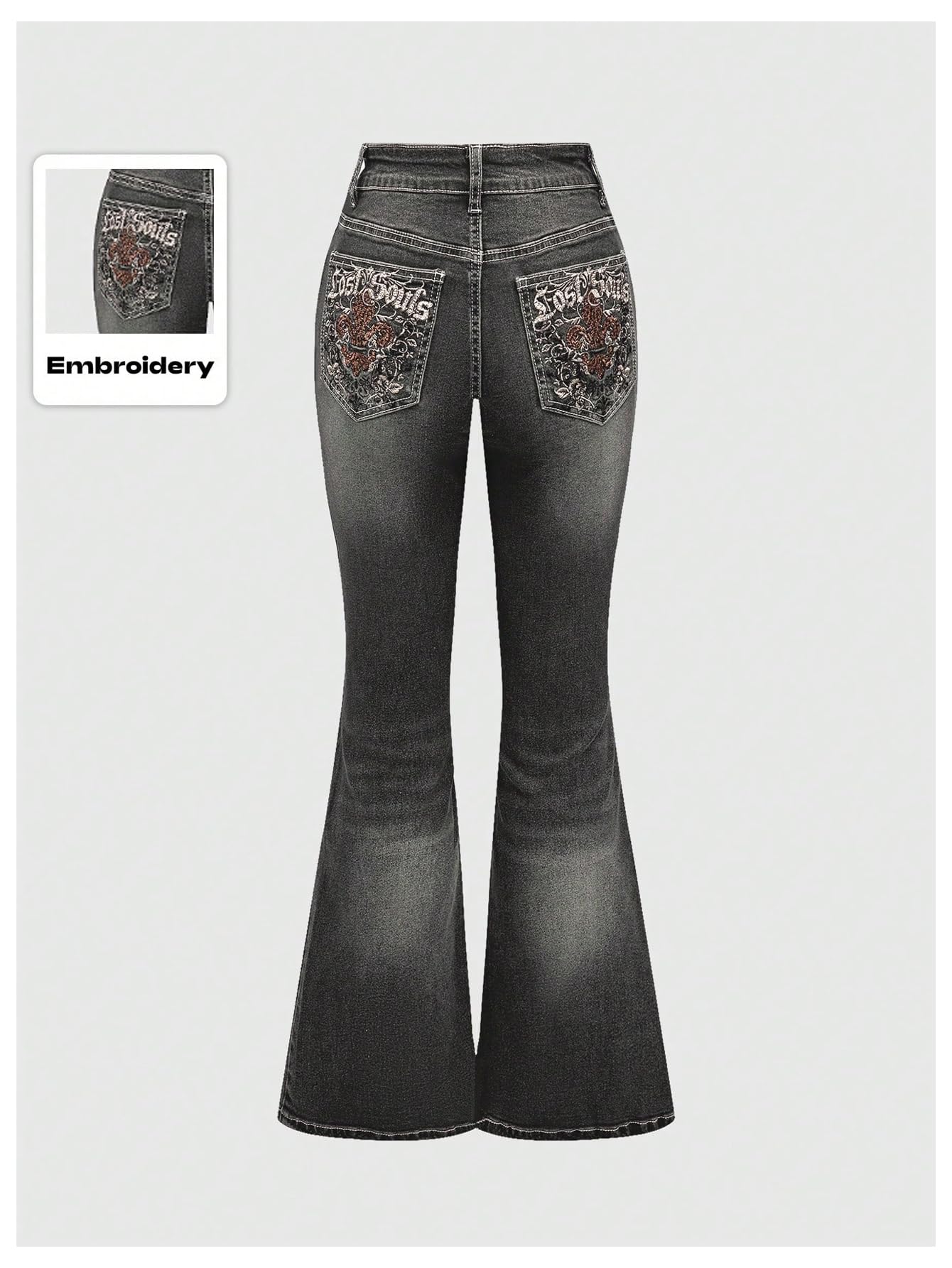 MakeMeChic Women's Flared Jeans Bell Bottom Jeans Embroidered Y2K High Waist Stretchy Denim Pants