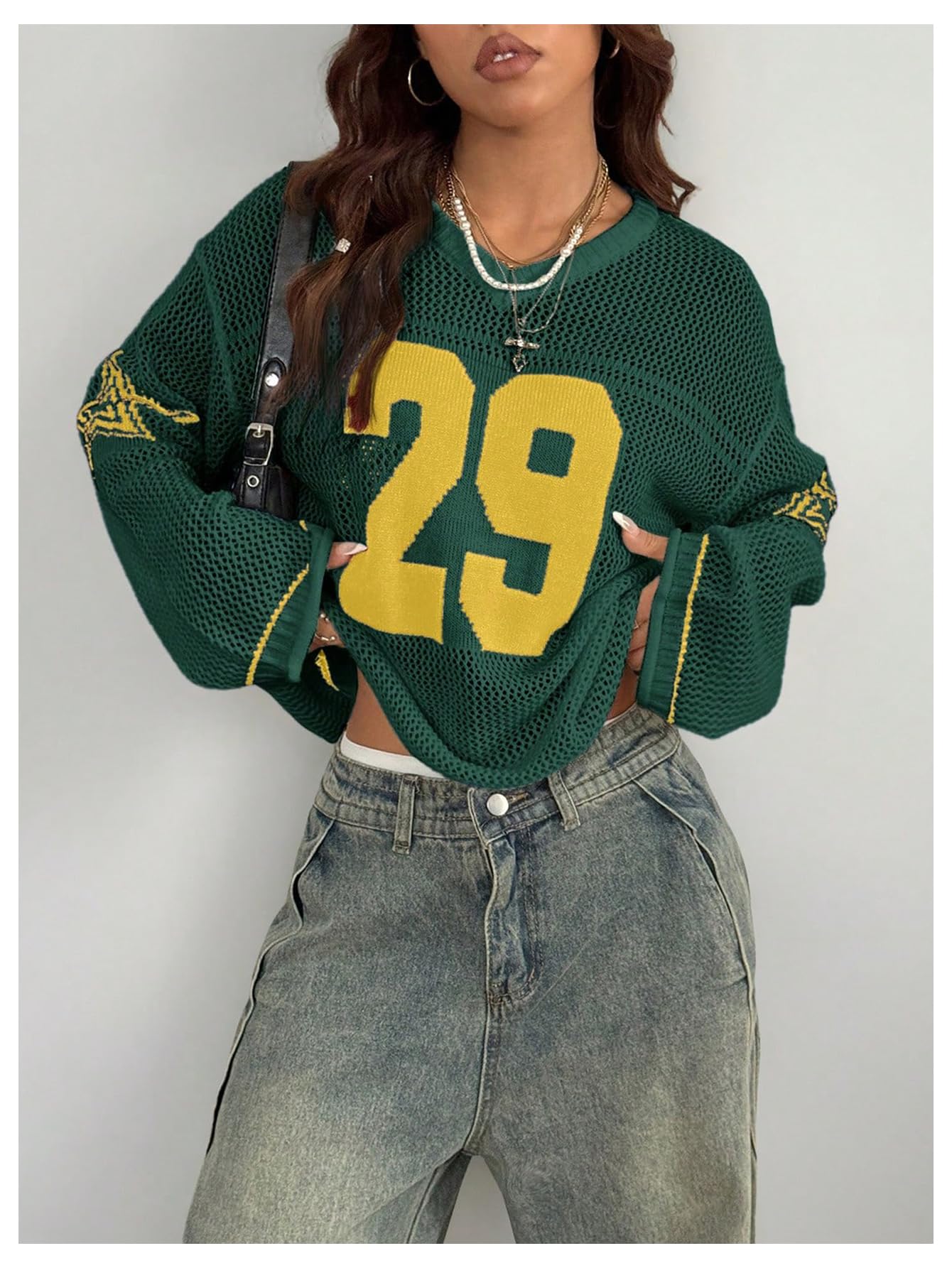 Verdusa Women's Y2k Tops Jersey Shirts Oversized Crochet Graphic Going Out Tops V Neck Pullover Sweater Streetwear