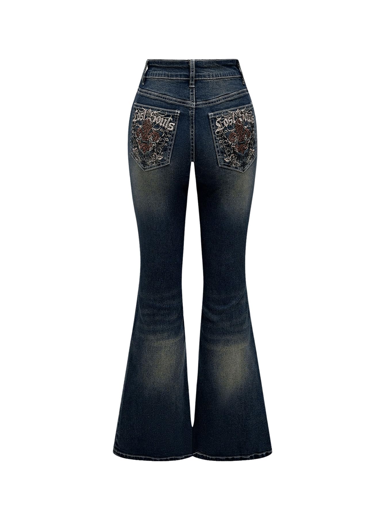 MakeMeChic Women's Flared Jeans Bell Bottom Jeans Embroidered Y2K High Waist Stretchy Denim Pants