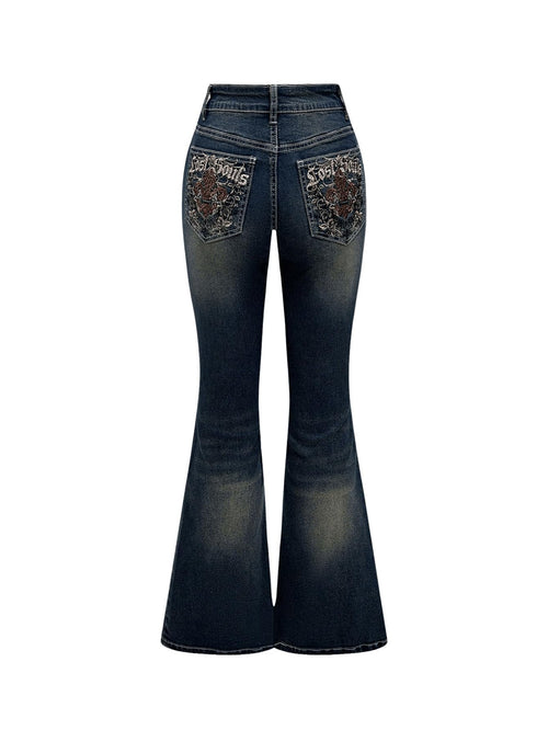 MakeMeChic Women's Flared Jeans Bell Bottom Jeans Embroidered Y2K High Waist Stretchy Denim Pants