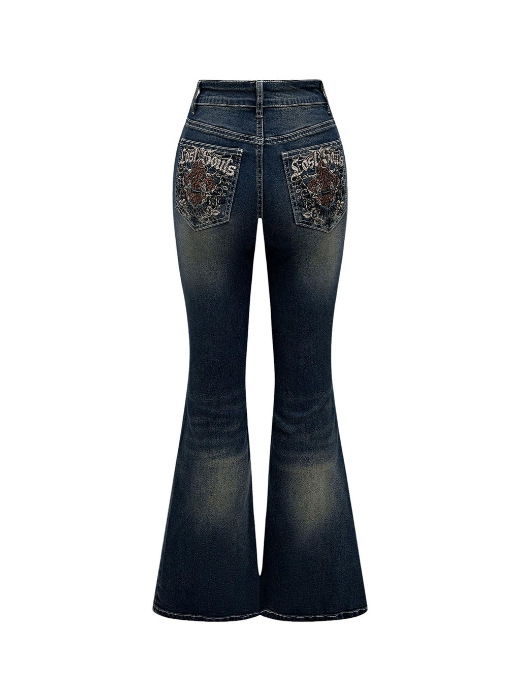 MakeMeChic Women's Flared Jeans Bell Bottom Jeans Embroidered Y2K High Waist Stretchy Denim Pants