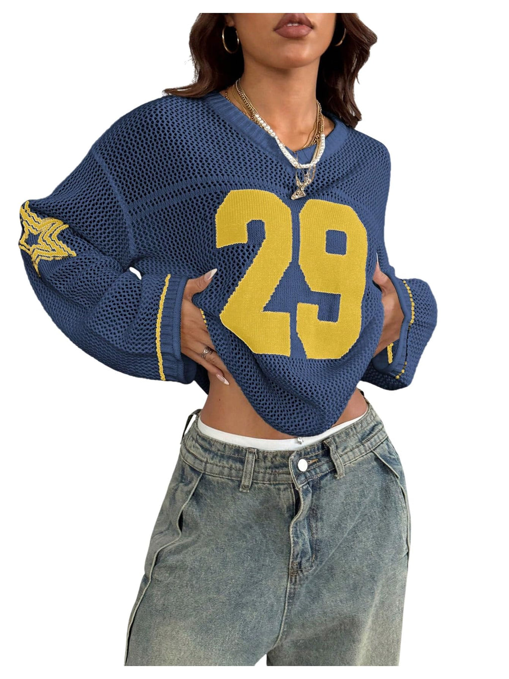 Verdusa Women's Y2k Tops Jersey Shirts Oversized Crochet Graphic Going Out Tops V Neck Pullover Sweater Streetwear