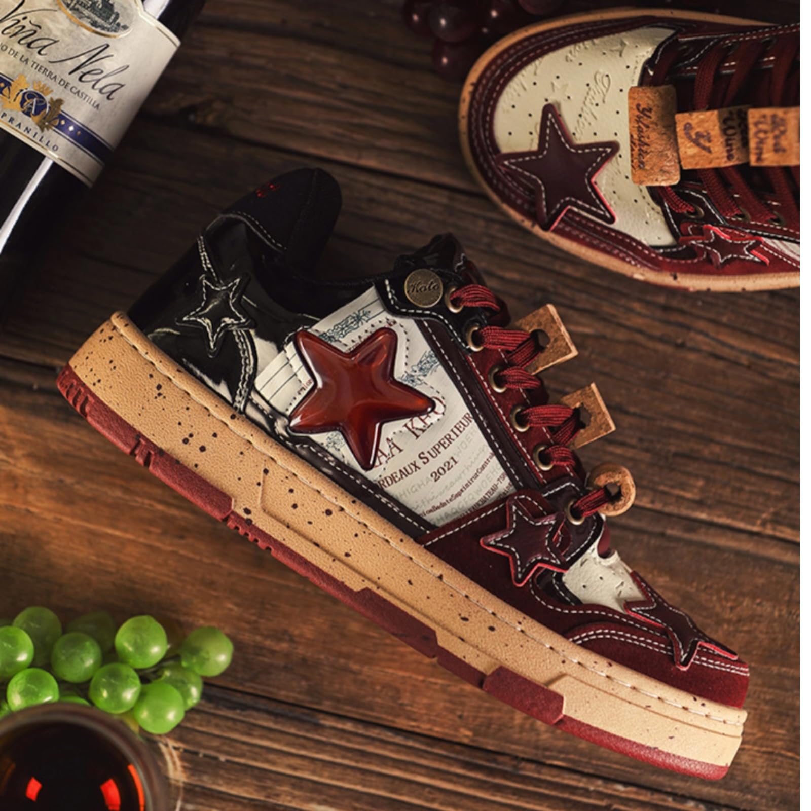 Burgundy Star Print Fashion Chunky Sneakers for Women Trendy Casual Aesthetic Skateboard Walking Dance Shoes