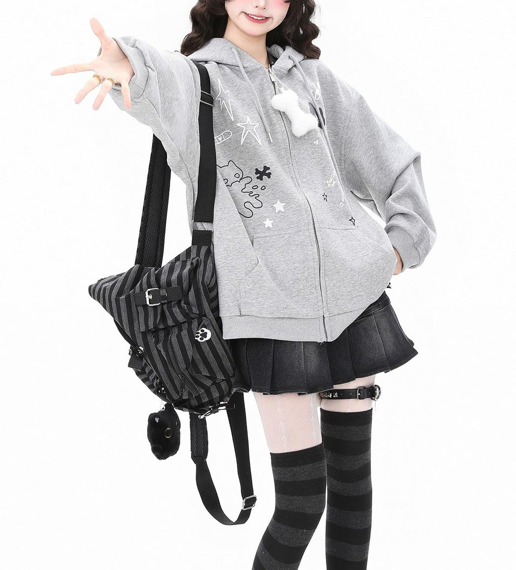Womens Y2K Zip Up Cute Graphic Hoodies Cat Ears Casual Cartoon Harajuku Kawaii Clothes Oversize Streetwear Jacket