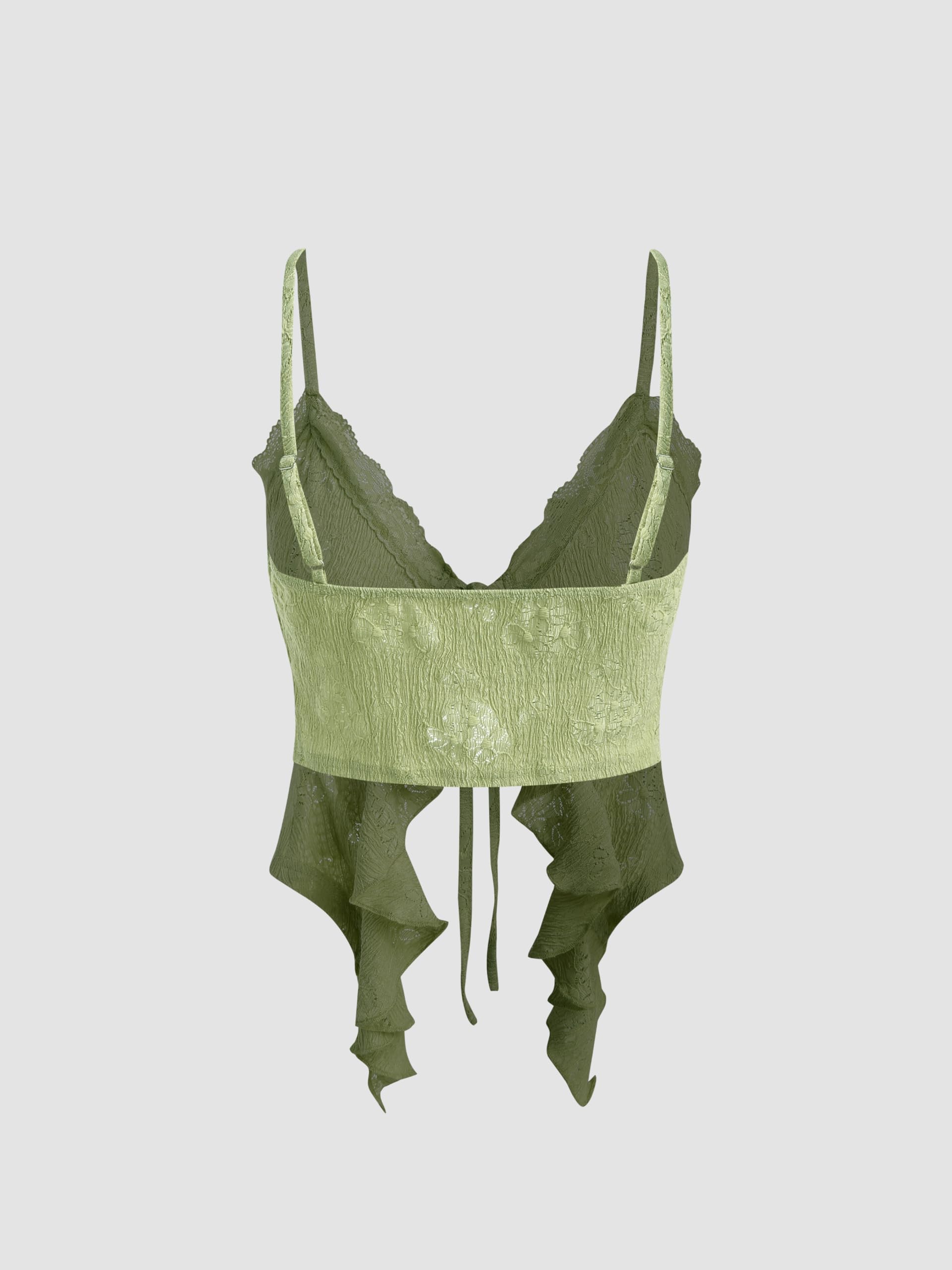 CIDER Going Out Tops for Women Y2K Tie Front Asymmetrical Ruffle Hem Lace Spaghetti Strap Cowgirl Crop Tops