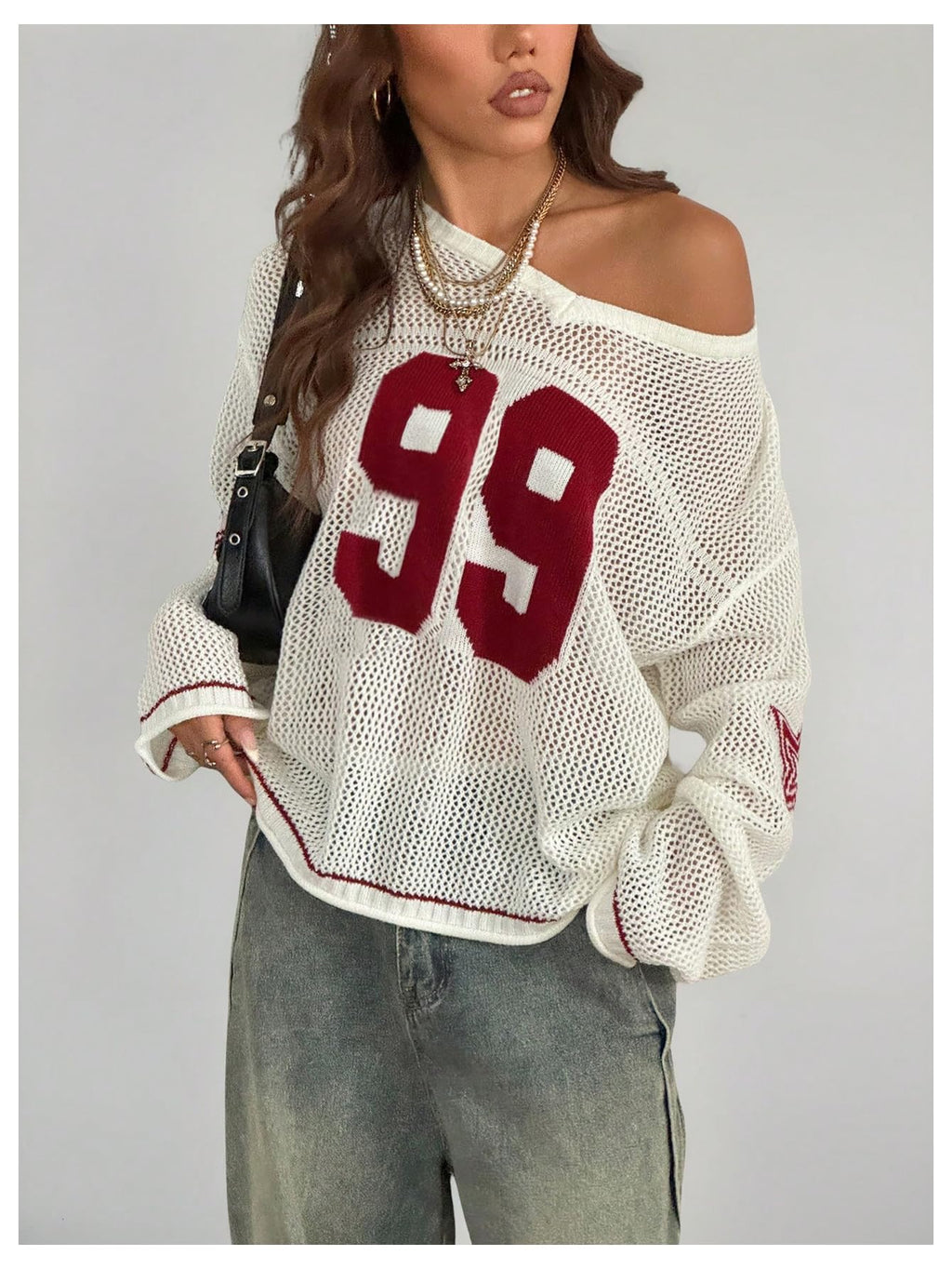 Verdusa Women's Y2k Tops Jersey Shirts Oversized Crochet Graphic Going Out Tops V Neck Pullover Sweater Streetwear