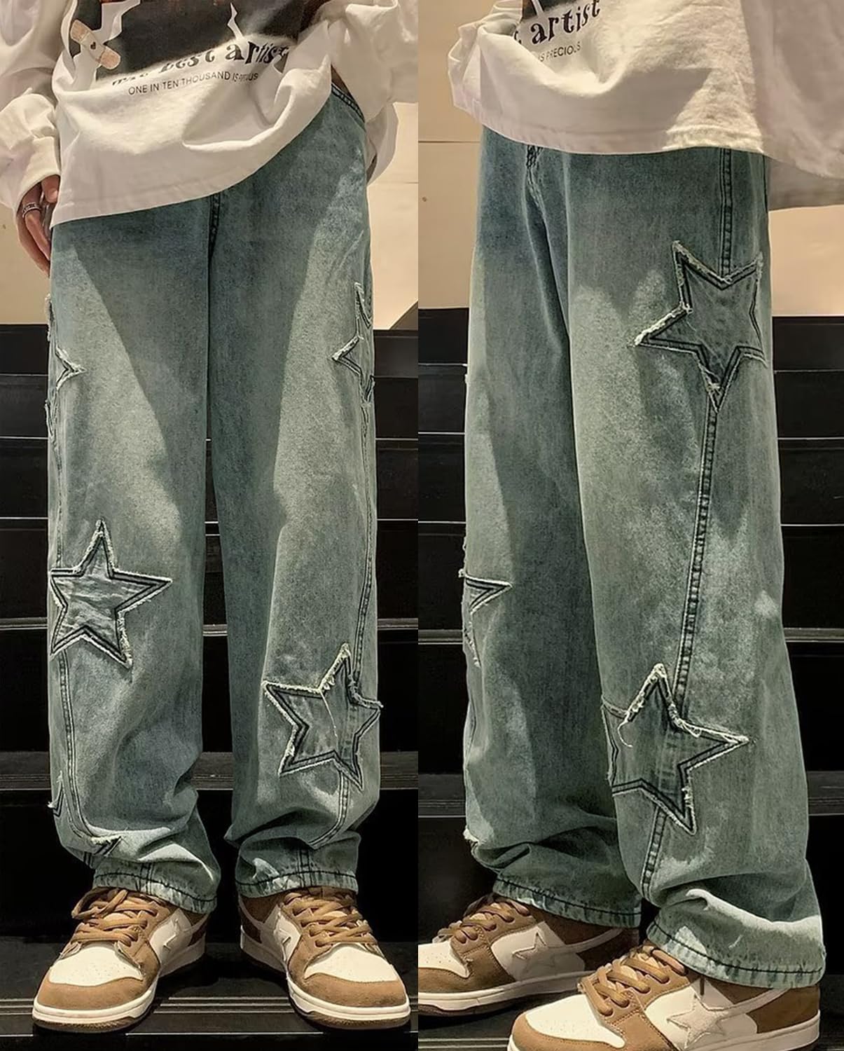 Mens Y2k Star Jeans High Waisted Hip Hop Streetwear Jeans Loose Baggy Embroidery Aesthetic Harajuku Denim Pants